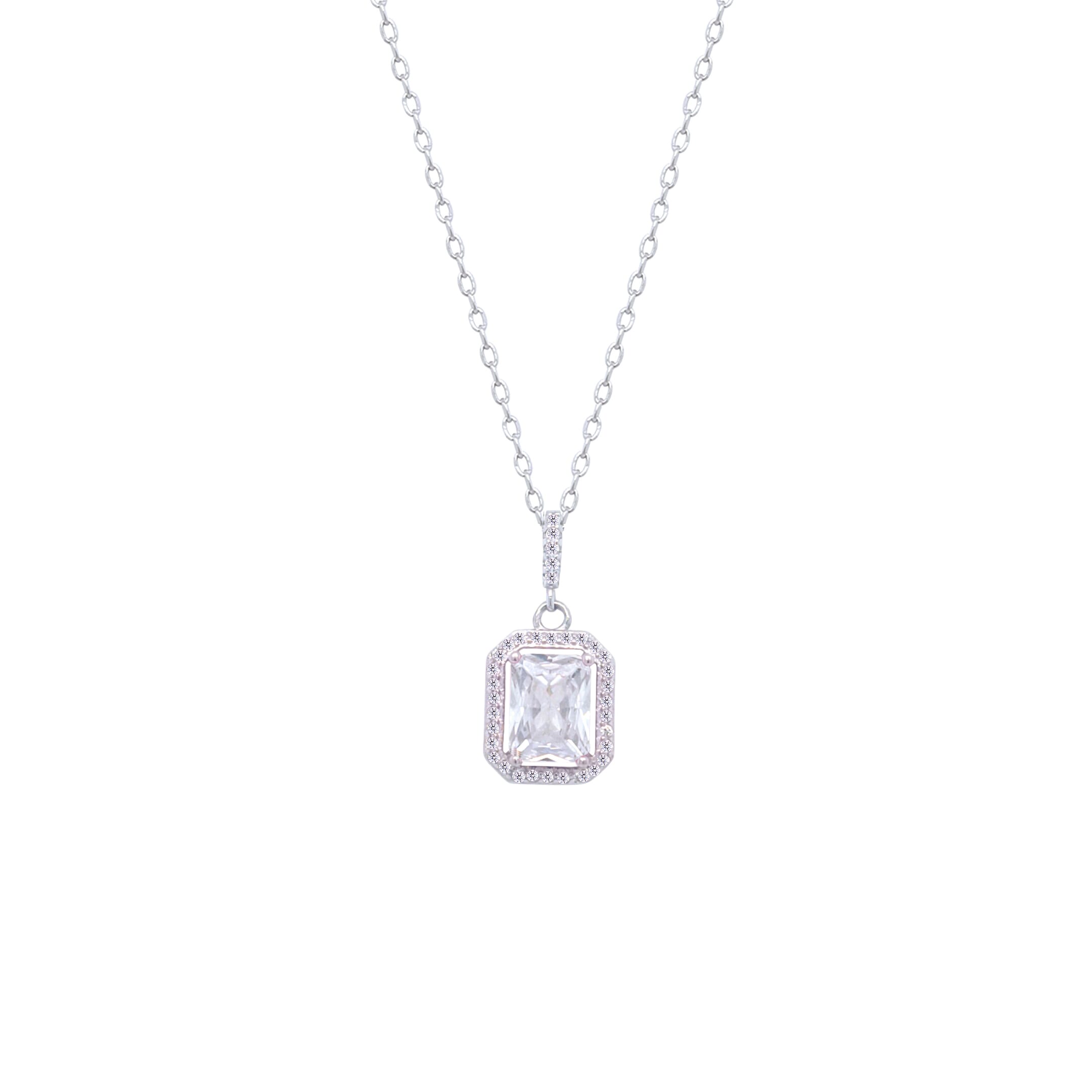 Asfour Crystal Chain Necklace With Halo Emerald Cut Pendant In 925 Sterling Silver-ND0448