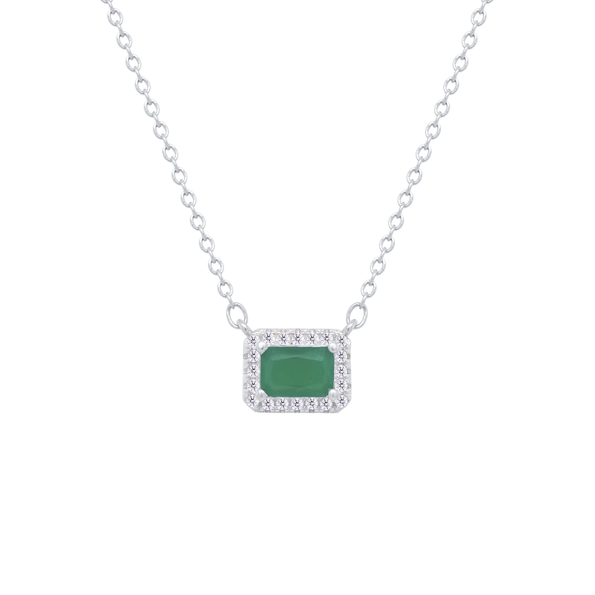 Asfour Crystal Chain Necklace With Halo Emerald Cut Pendant In 925 Sterling Silver-ND0449-G