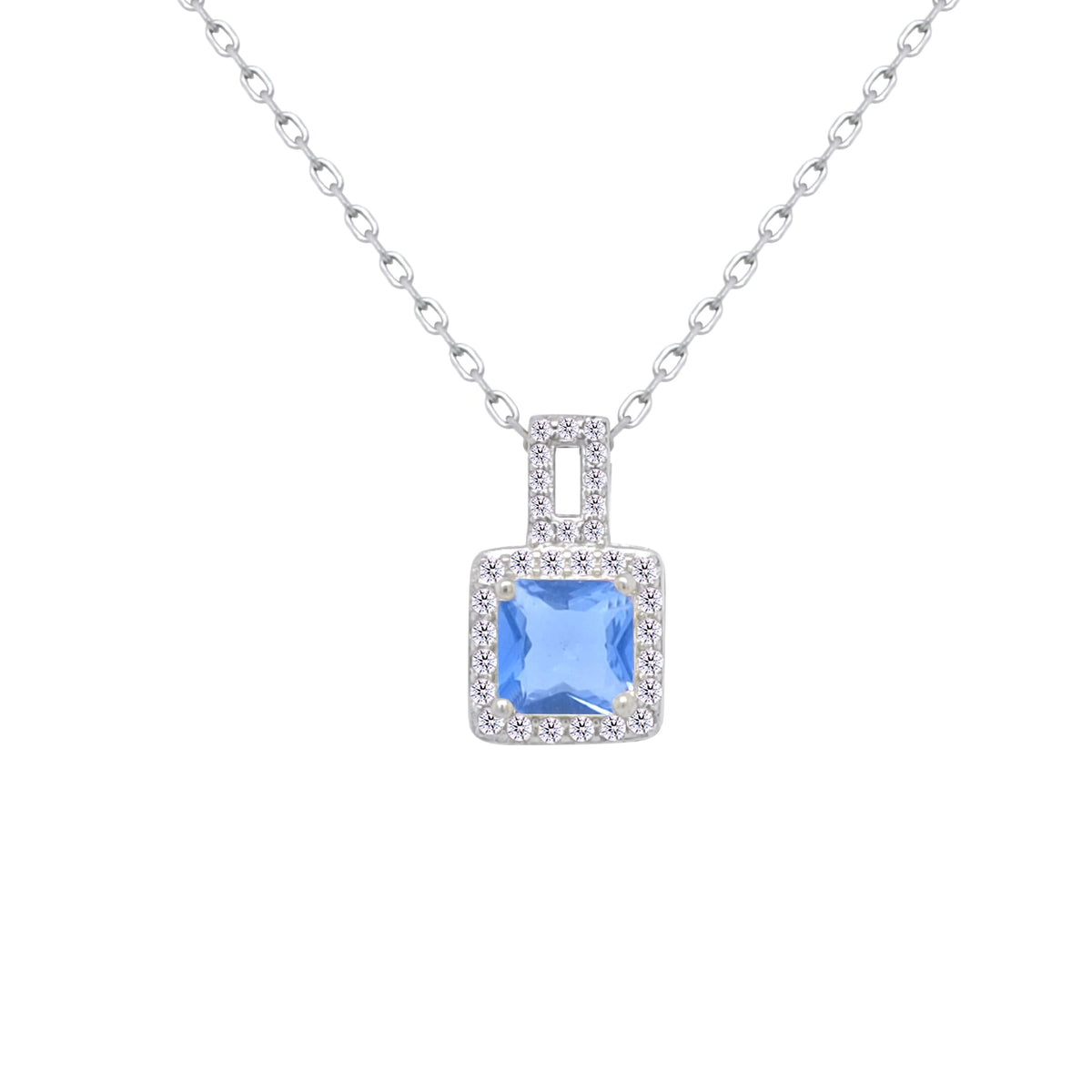 Asfour Crystal Chain Necklace With Light Blue Square Pendant In 925 Sterling Silver-ND0450-LB