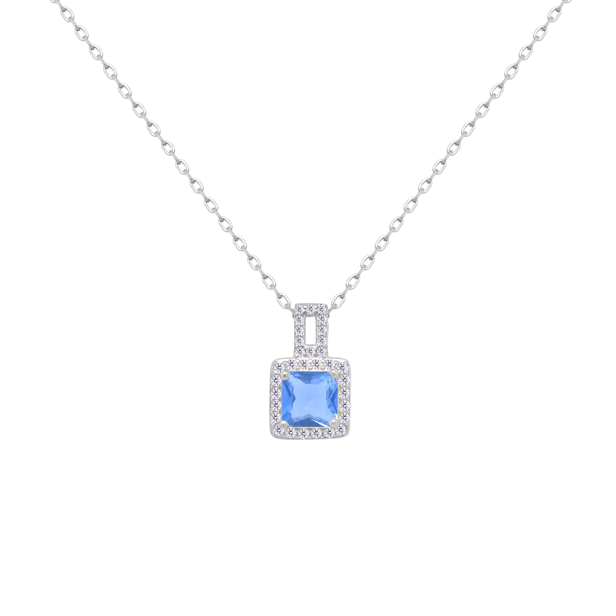 Asfour Crystal Chain Necklace With Light Blue Square Pendant In 925 Sterling Silver-ND0450-LB