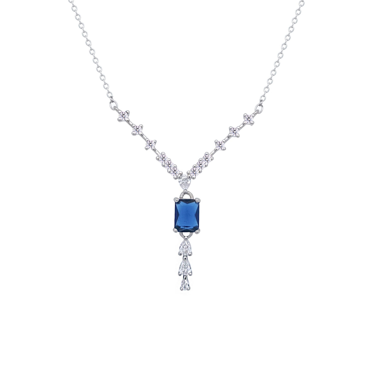 Asfour Crystal V Chain Necklace With Blue Emerald Zircon Stone In 925 Sterling Silver-ND0451-WB