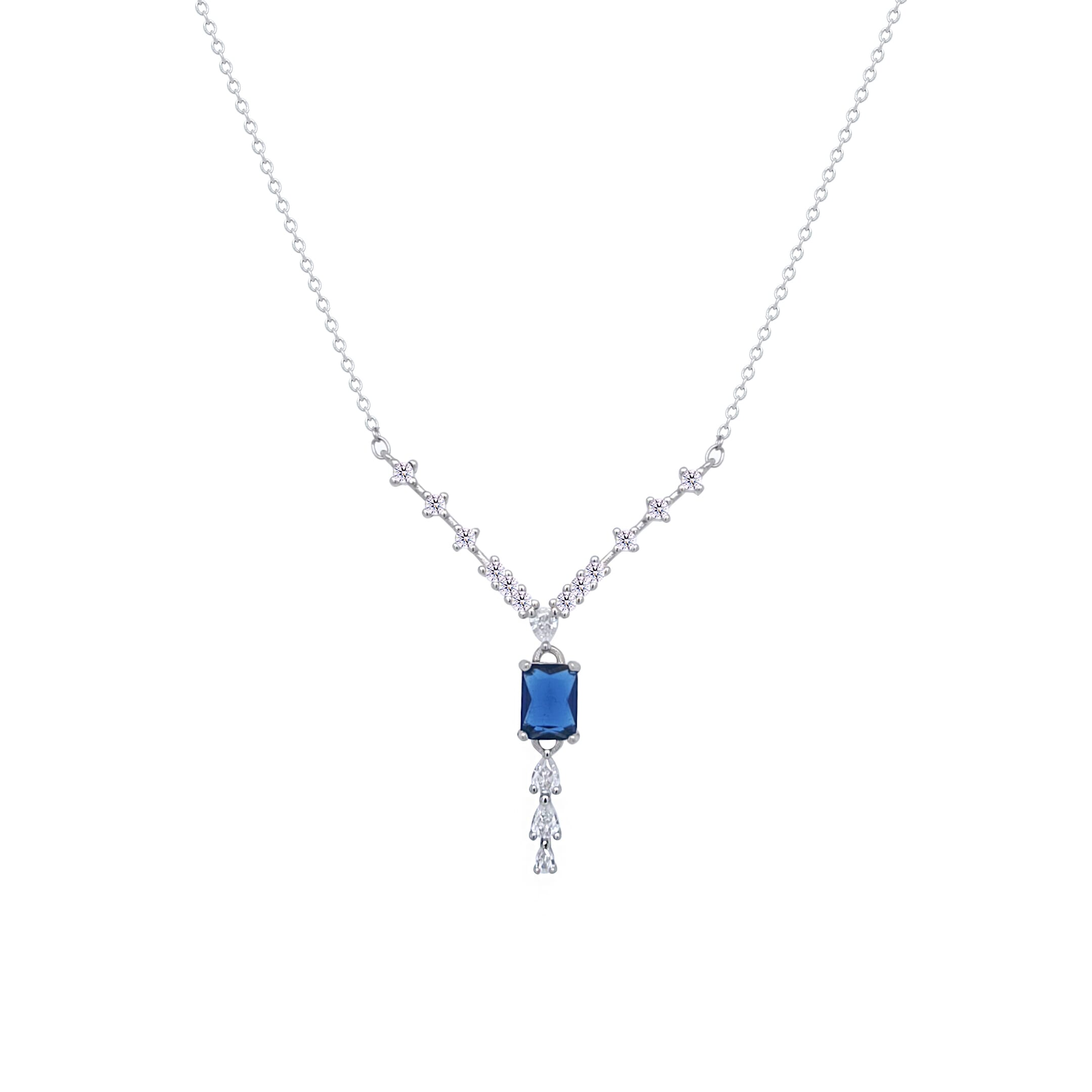 Asfour Crystal V Chain Necklace With Blue Emerald Zircon Stone In 925 Sterling Silver-ND0451-WB