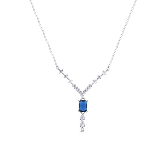 Asfour Crystal V Chain Necklace With Blue Emerald Zircon Stone In 925 Sterling Silver-ND0451-WB