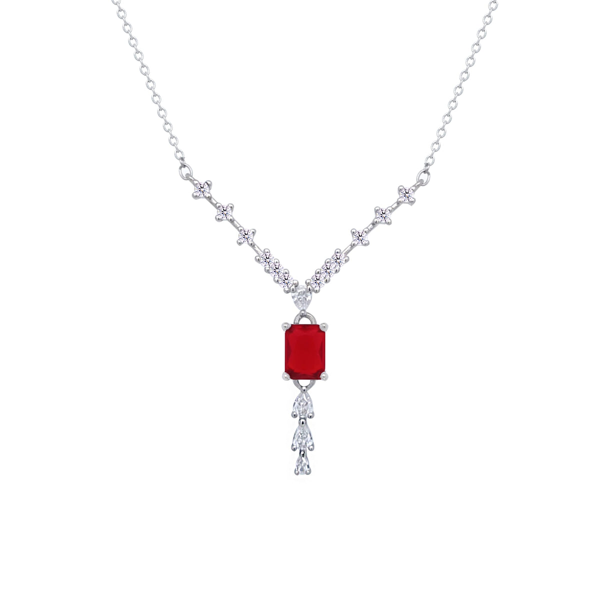 Asfour Crystal V Chain Necklace With Ruby Emerald Zircon Stone In 925 Sterling Silver-ND0451-WR