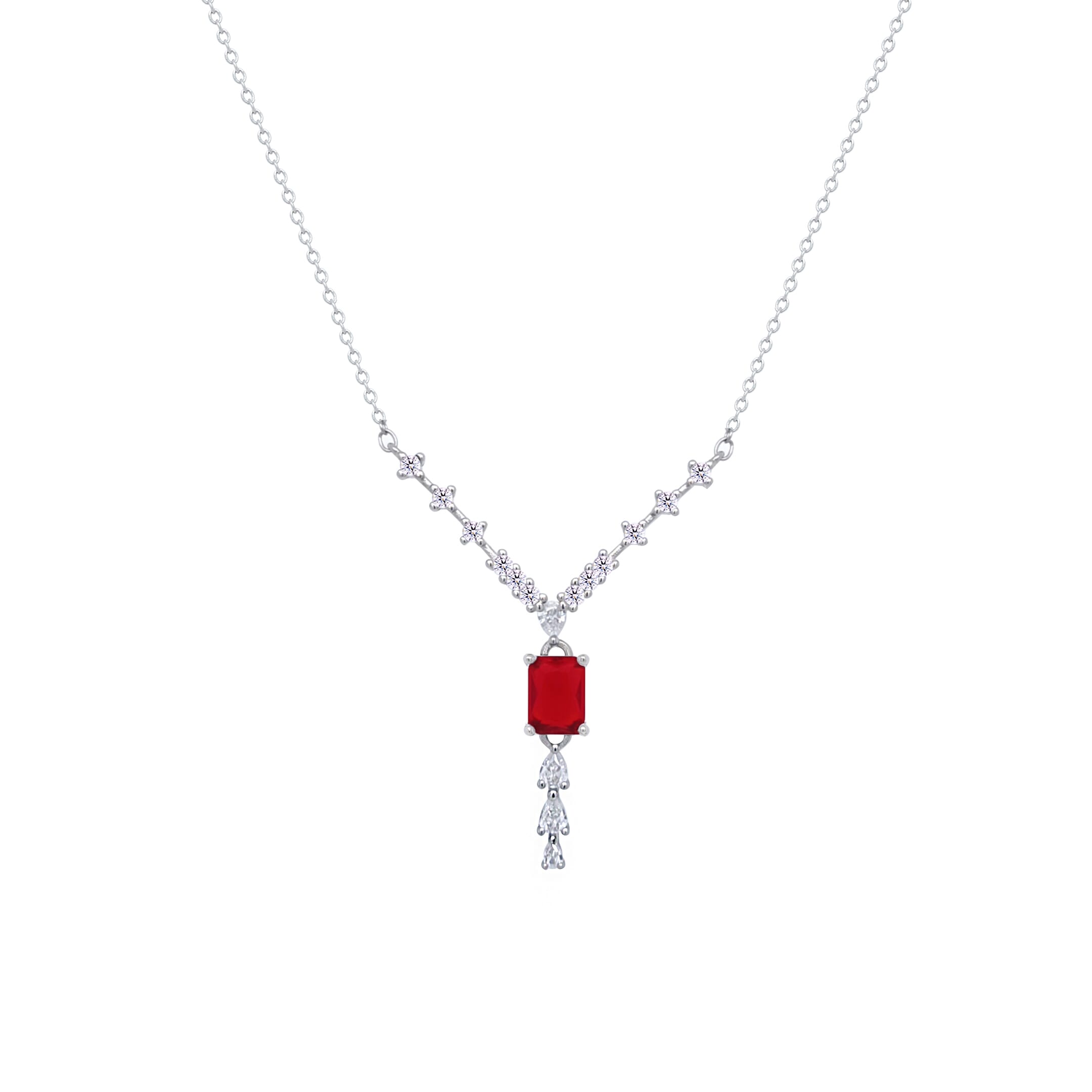 Asfour Crystal V Chain Necklace With Ruby Emerald Zircon Stone In 925 Sterling Silver-ND0451-WR