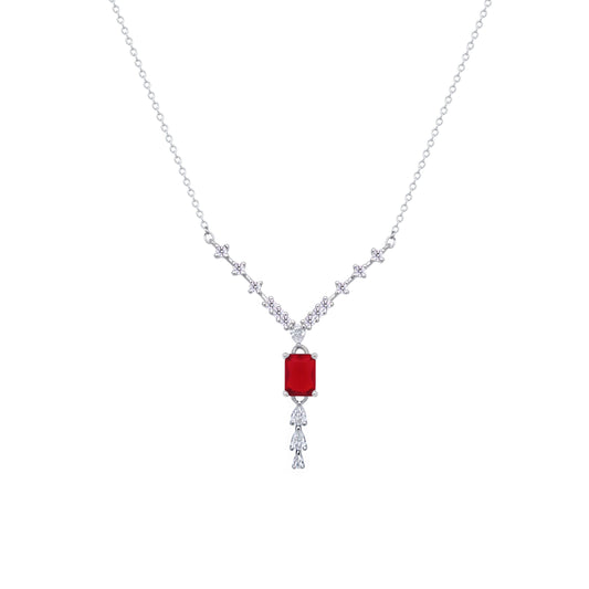 Asfour Crystal V Chain Necklace With Ruby Emerald Zircon Stone In 925 Sterling Silver-ND0451-WR