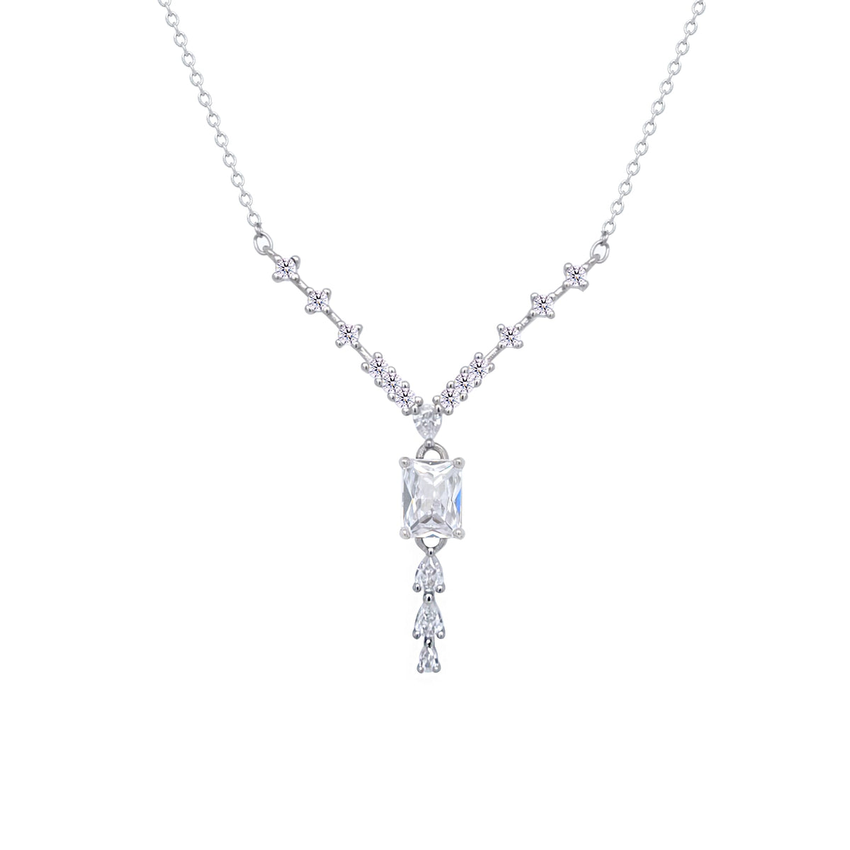 Asfour Crystal V Chain Necklace With Emerald Zircon Stone In 925 Sterling Silver-ND0451