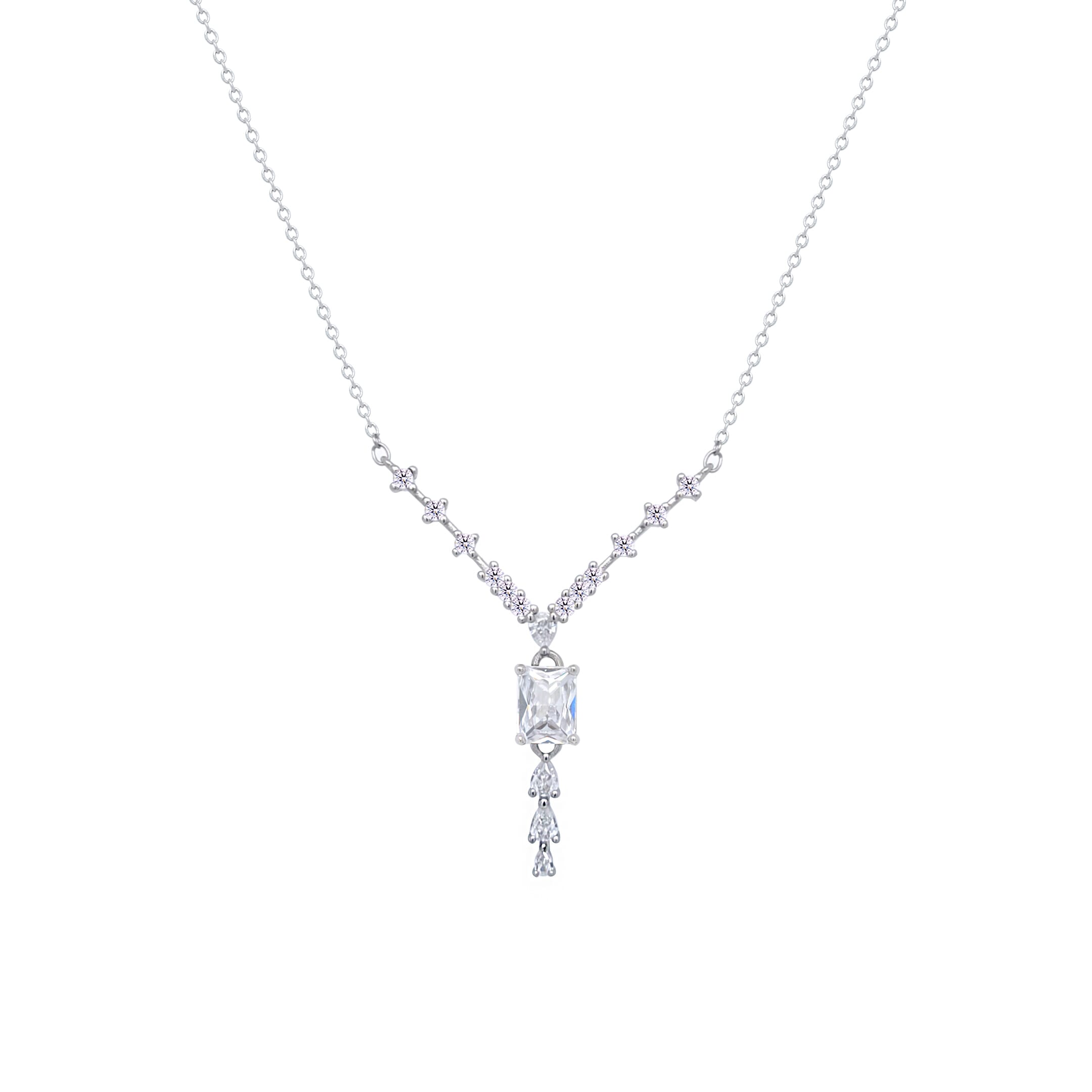 Asfour Crystal V Chain Necklace With Emerald Zircon Stone In 925 Sterling Silver-ND0451