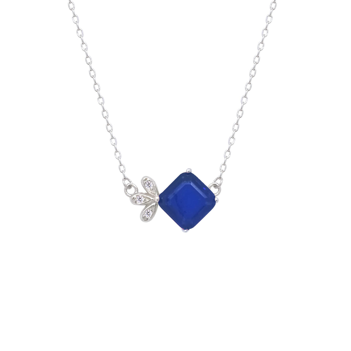 Asfour Crystal Chain Necklace With Blue Square Pendant In 925 Sterling Silver-ND0452-B