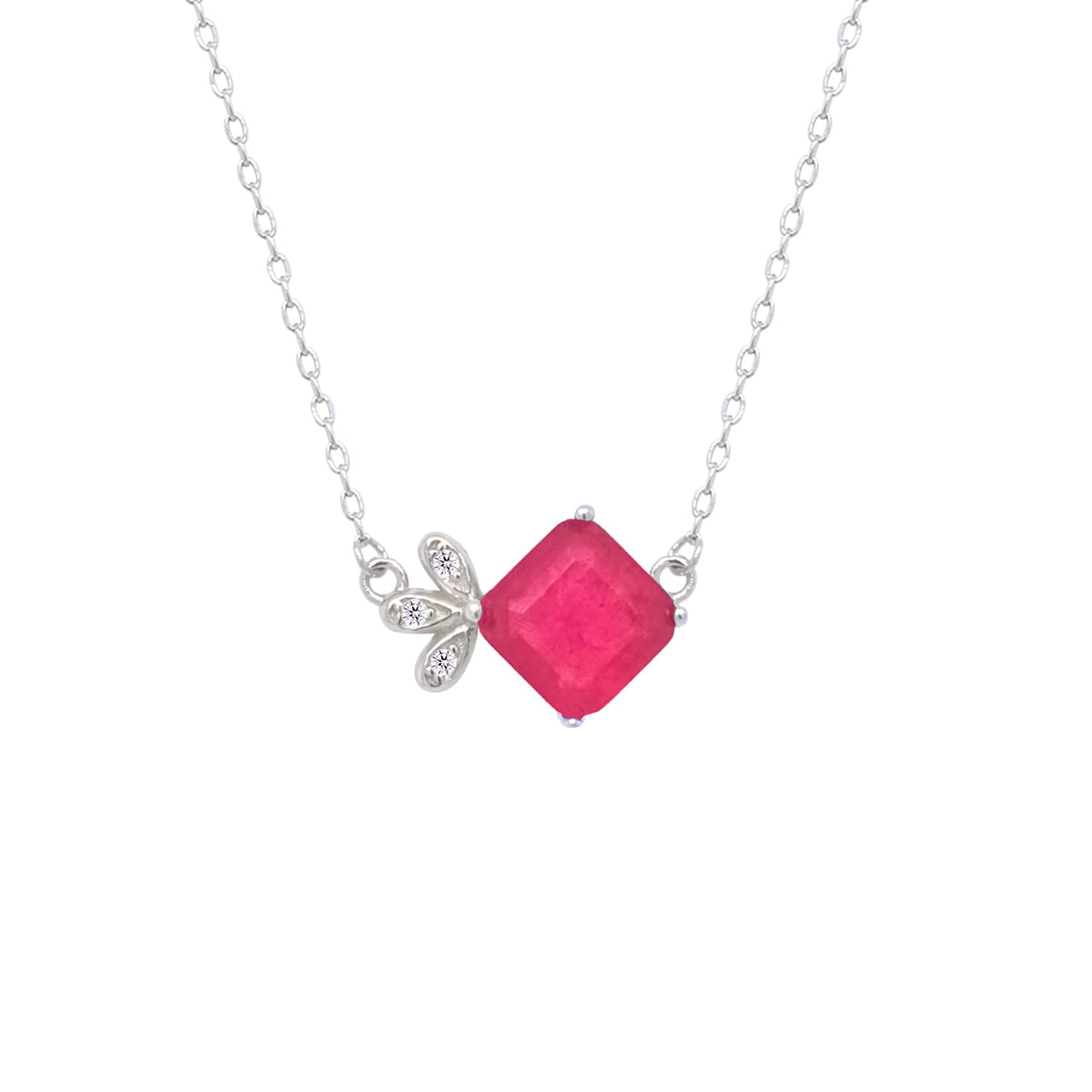 Asfour Crystal Chain Necklace With Fuchsia Square Pendant In 925 Sterling Silver-ND0452-F
