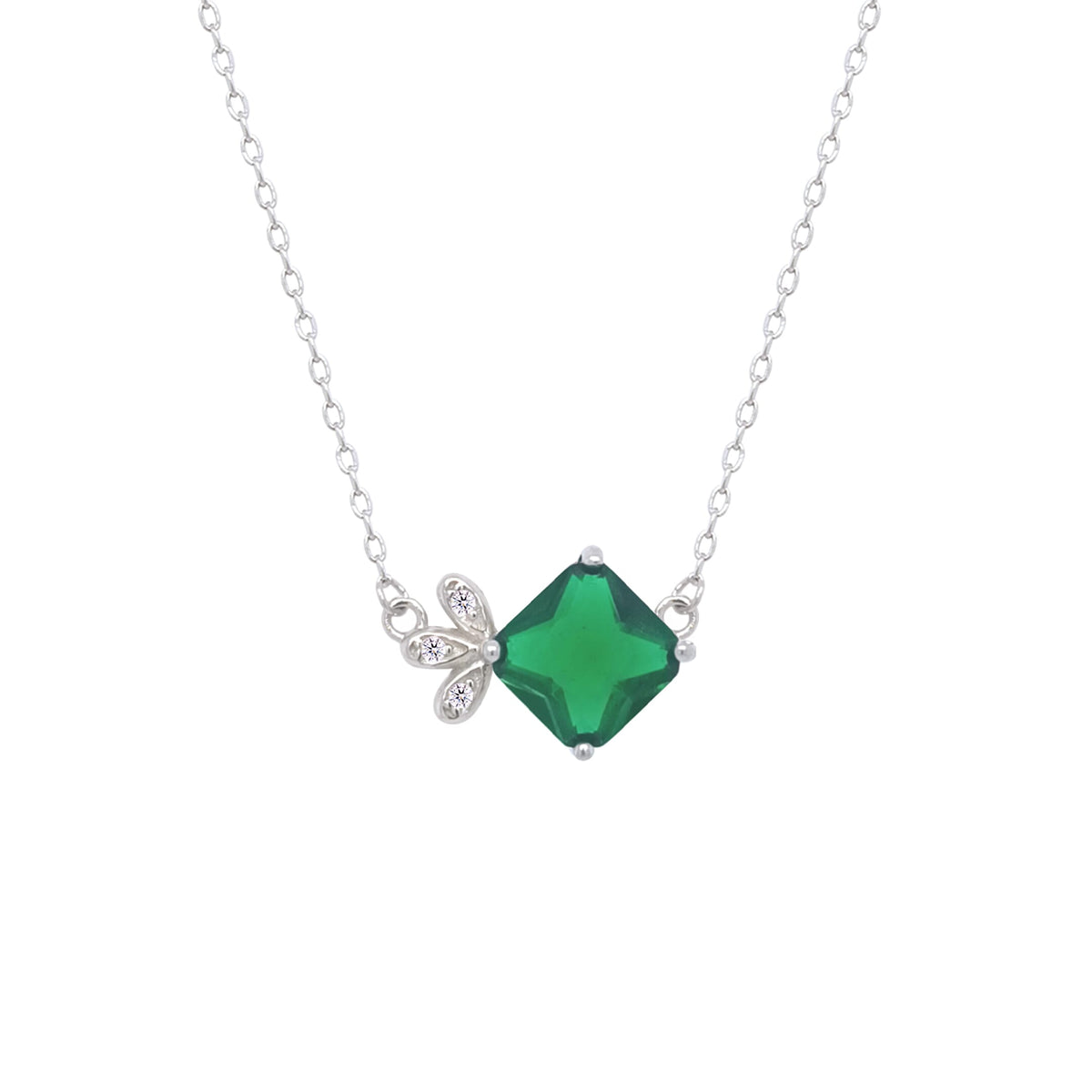 Asfour Crystal Chain Necklace With Emerald Square Pendant In 925 Sterling Silver-ND0452-G