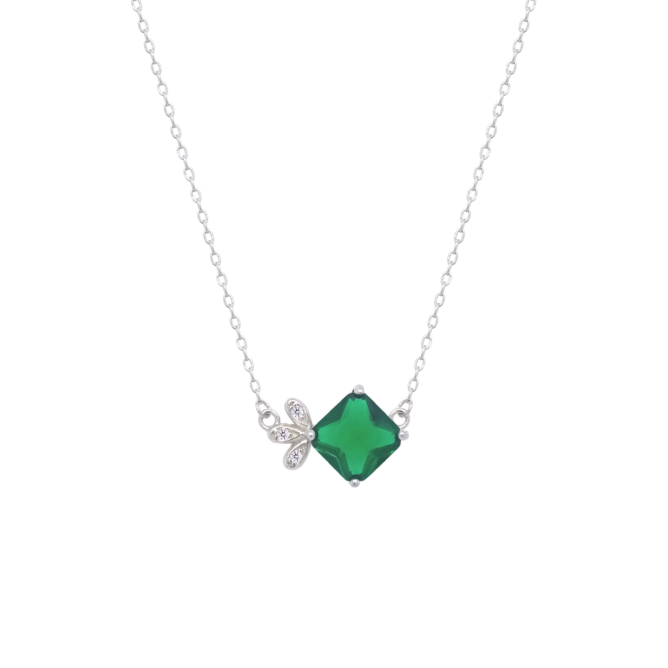 Asfour Crystal Chain Necklace With Emerald Square Pendant In 925 Sterling Silver-ND0452-G