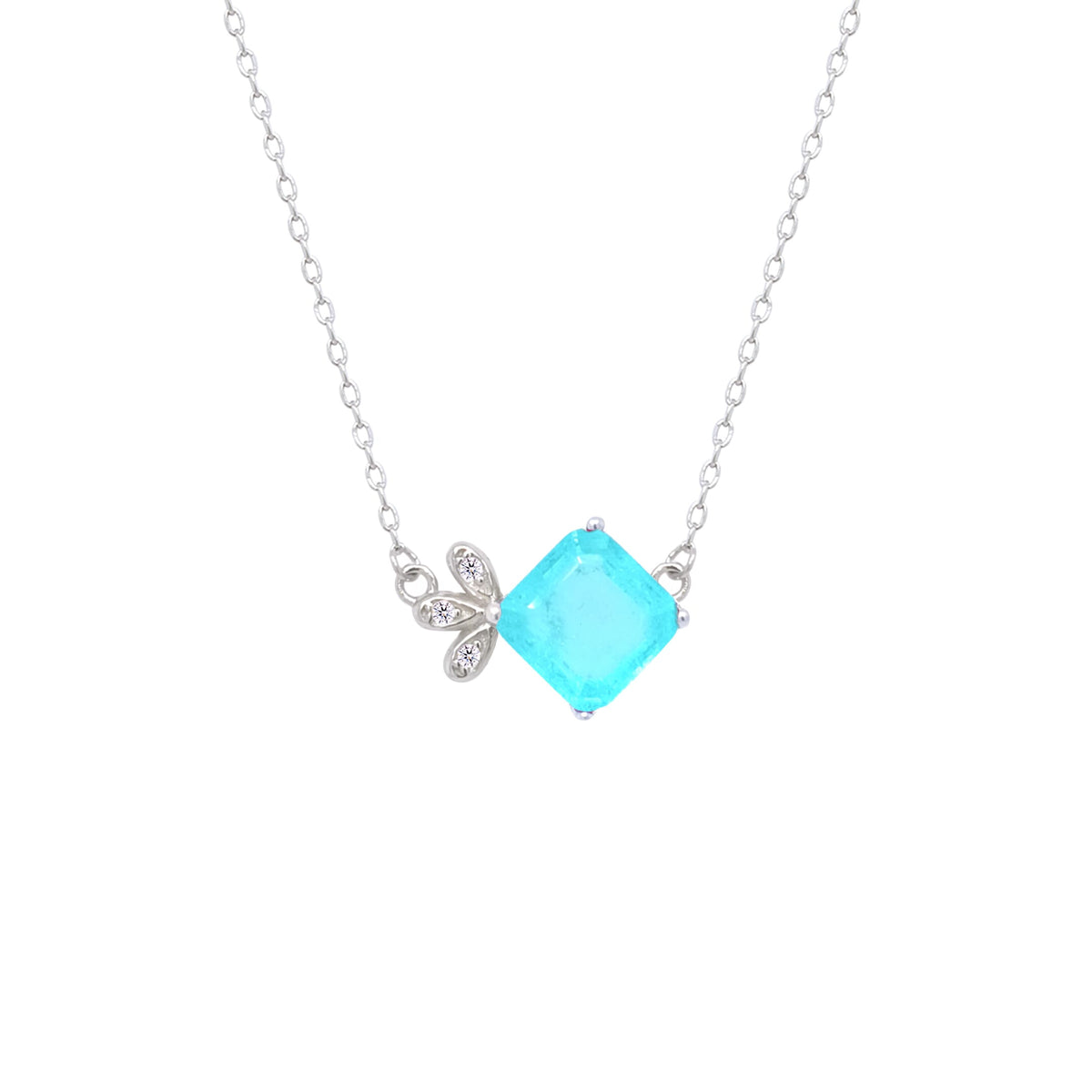 Asfour Crystal Chain Necklace With Light Turquoise Square Pendant In 925 Sterling Silver-ND0452-LGC