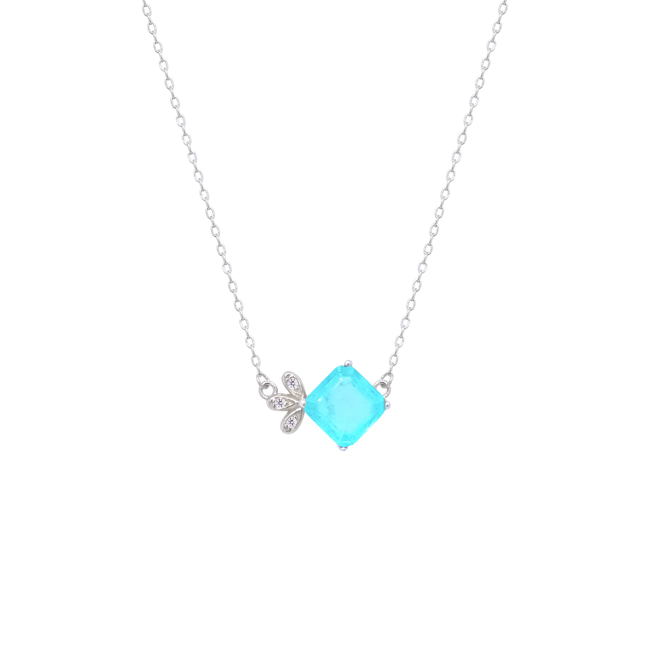 Asfour Crystal Chain Necklace With Light Turquoise Square Pendant In 925 Sterling Silver-ND0452-LGC