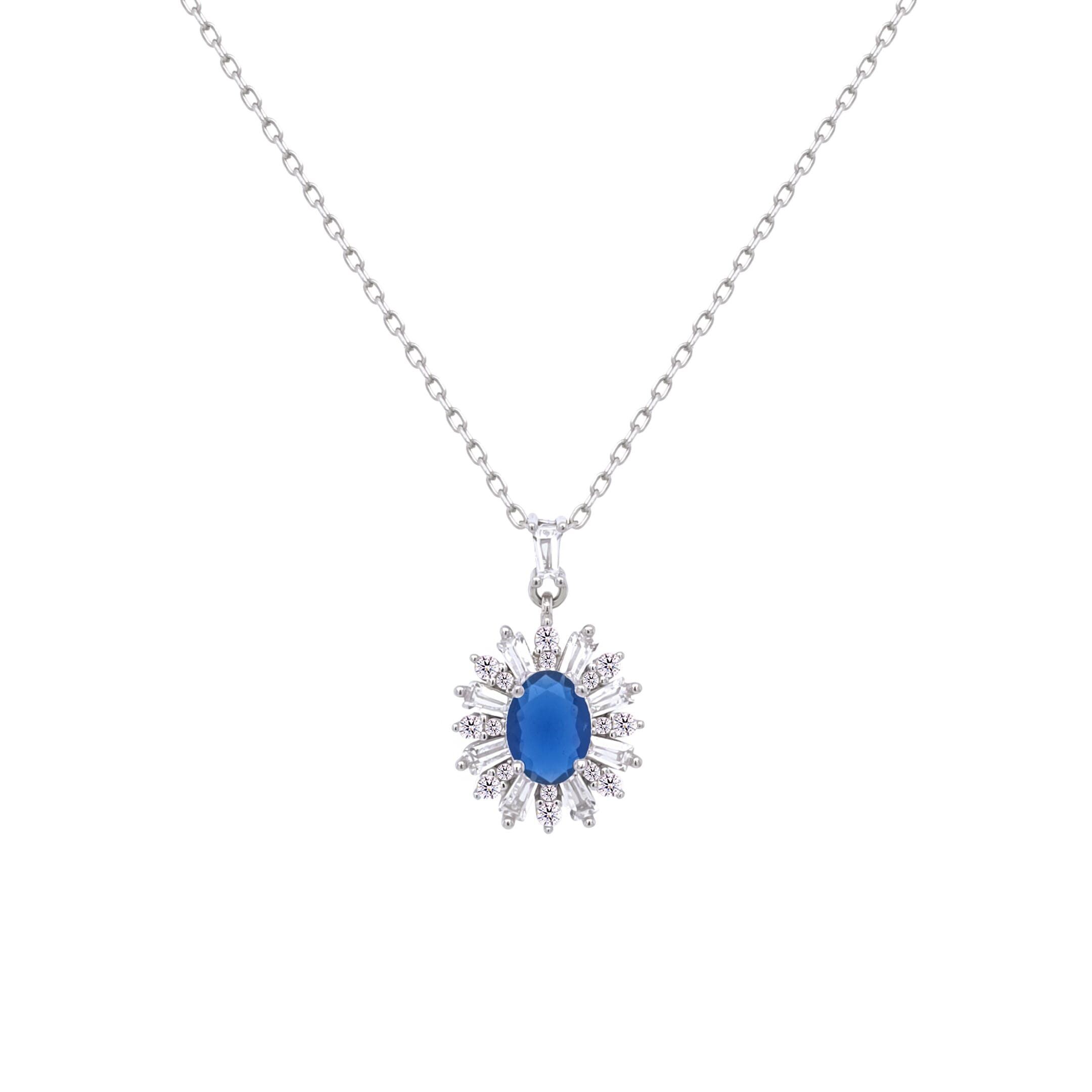 Asfour Crystal Chain Necklace With Blue Flower Pendant In 925 Sterling Silver-ND0453-B