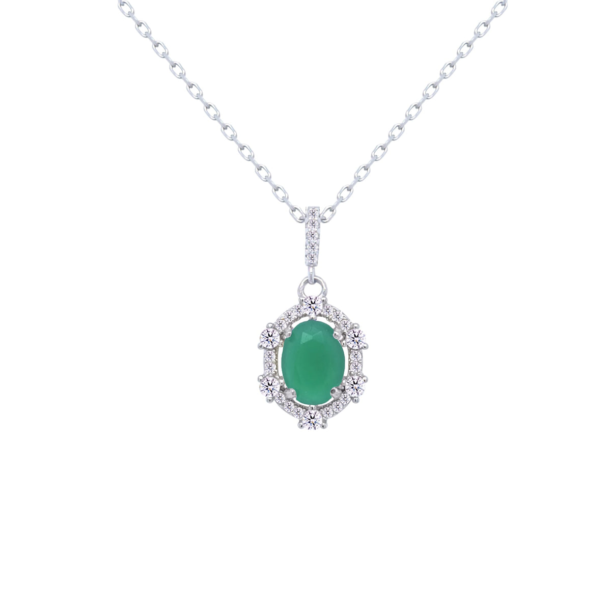 Asfour Crystal Chain Necklace With Green Art deco Oval Pendant In 925 Sterling Silver-ND0454-GM