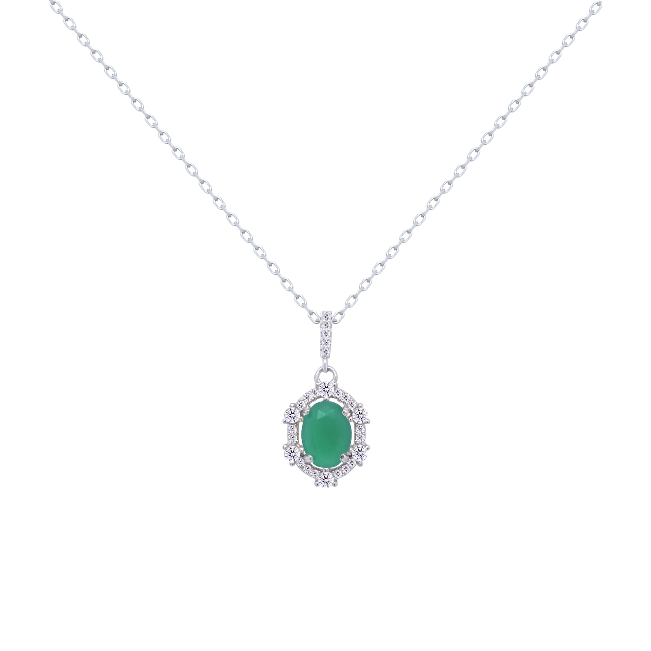 Asfour Crystal Chain Necklace With Green Art deco Oval Pendant In 925 Sterling Silver-ND0454-GM