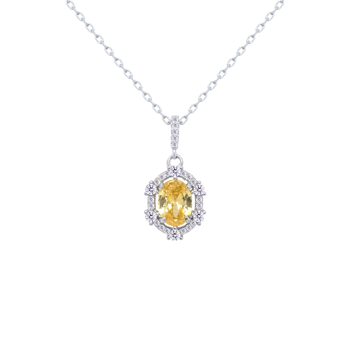 Asfour Crystal Chain Necklace With Yellow Art deco Oval Pendant In 925 Sterling Silver-ND0454-Y