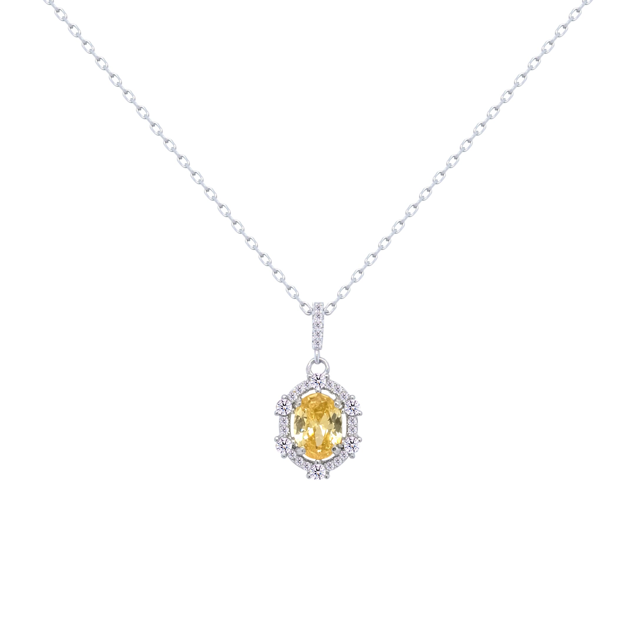 Asfour Crystal Chain Necklace With Yellow Art deco Oval Pendant In 925 Sterling Silver-ND0454-Y