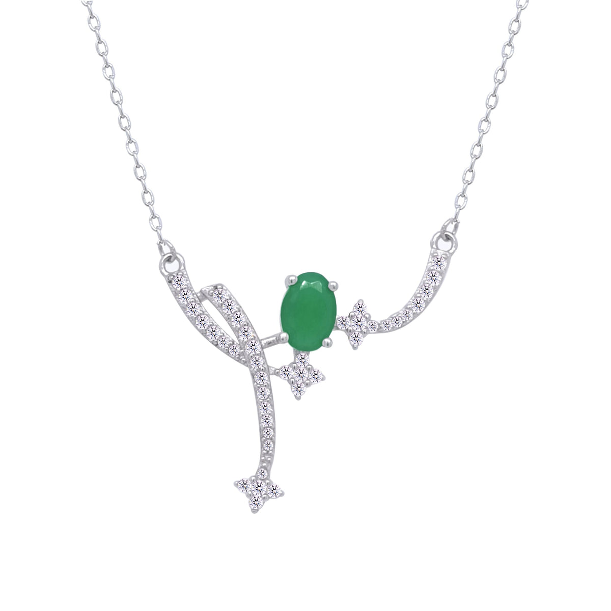 Asfour Crystal Chain Necklace With Green Art deco Desing In 925 Sterling Silver-ND0455-WGM