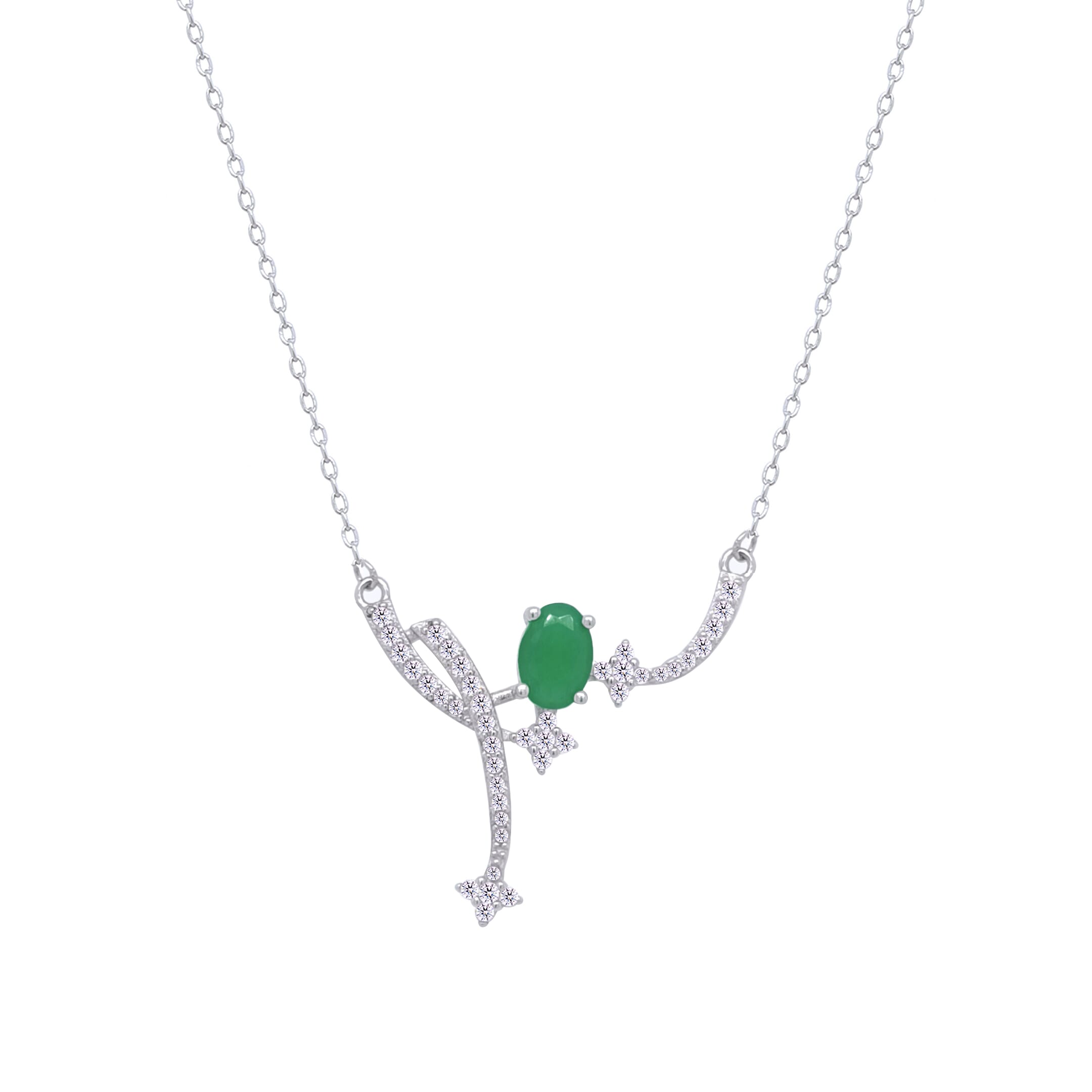 Asfour Crystal Chain Necklace With Green Art deco Desing In 925 Sterling Silver-ND0455-WGM