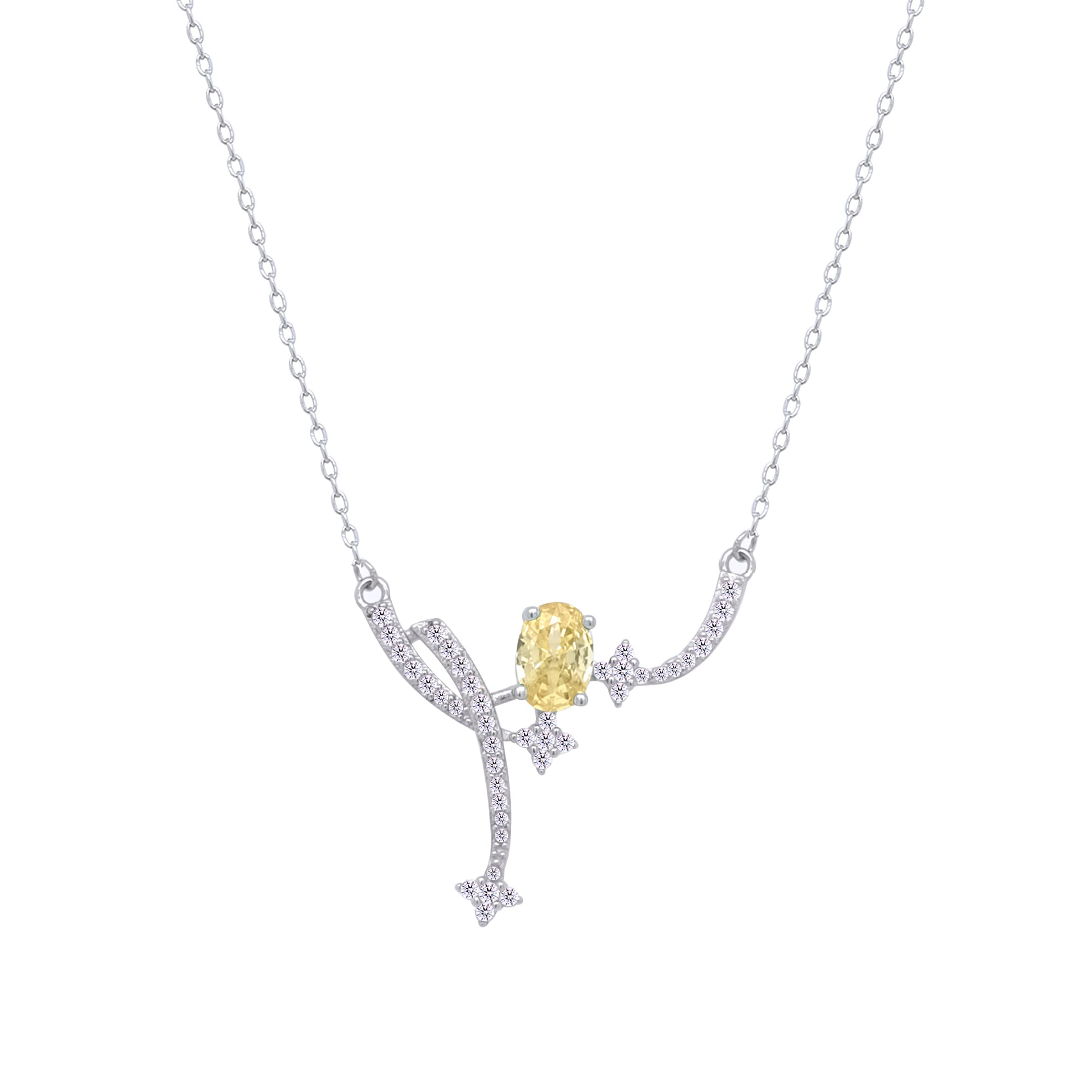 Asfour Crystal Chain Necklace With Yellow Art deco Desing In 925 Sterling Silver-ND0455-WY