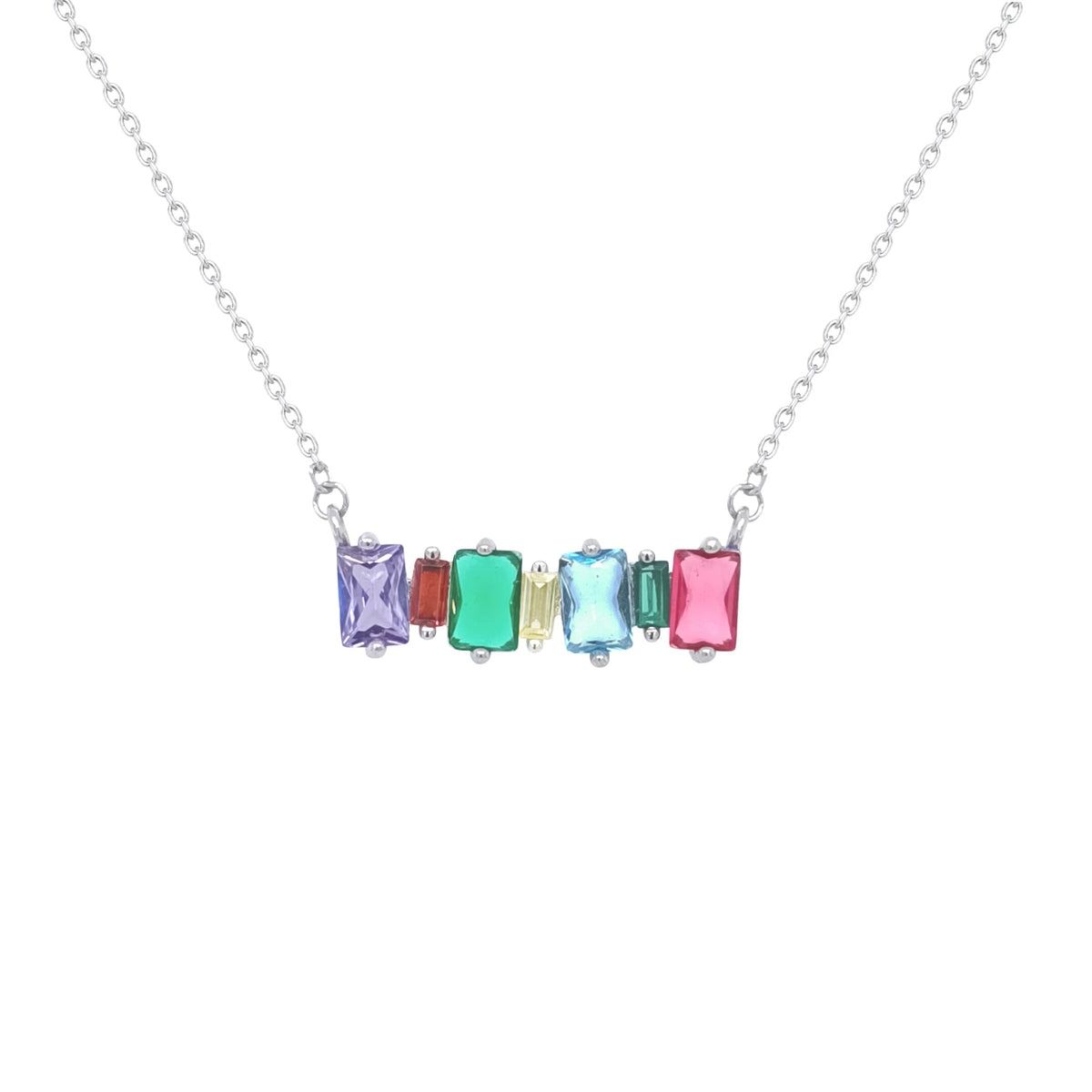 Asfour Crystal Chain Necklace With Multi Color Zircon Pendant In 925 Sterling Silver-ND0459-K