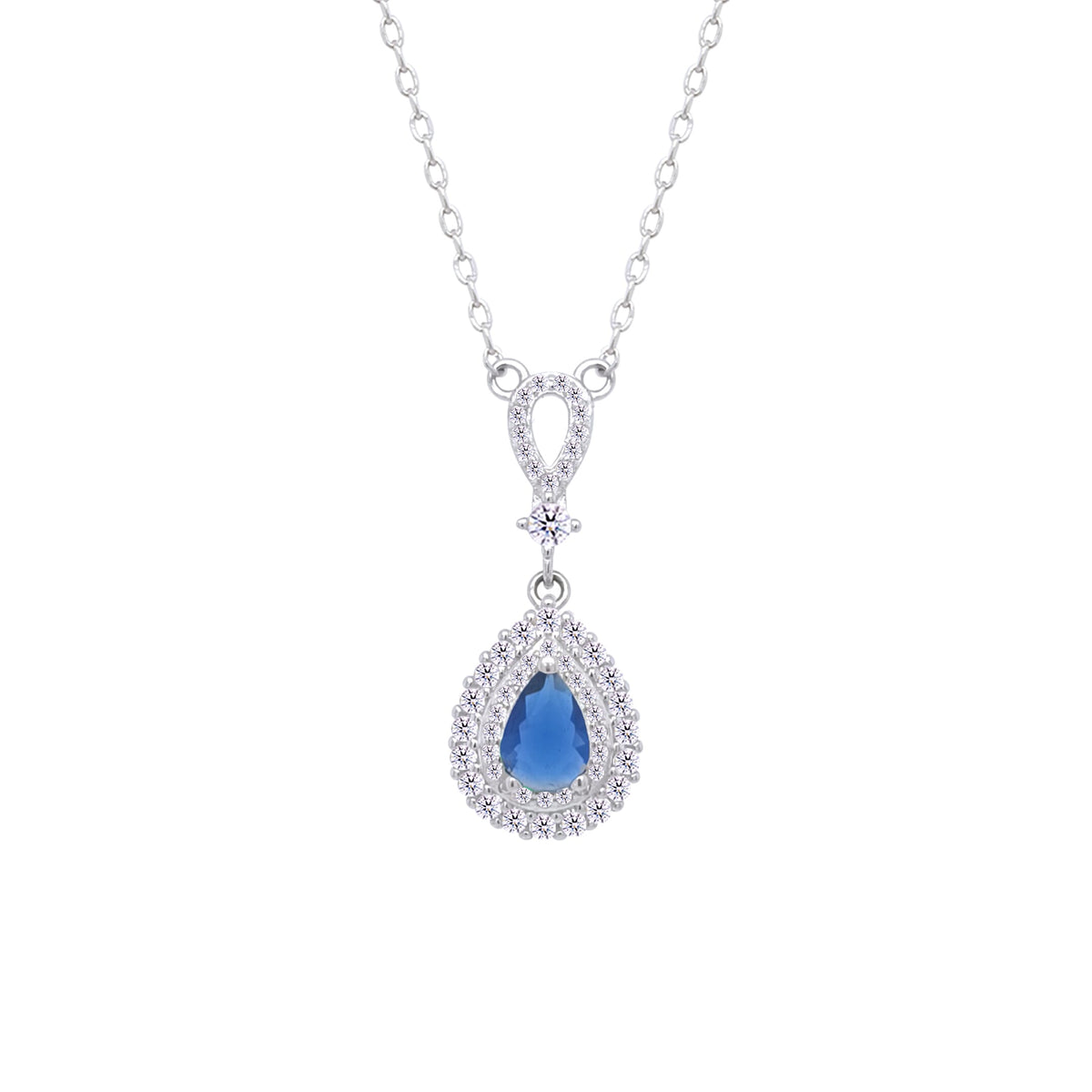 Asfour Crystal Chain Necklace With Decorative Blue Pear Pendant In 925 Sterling Silver-ND0462-B