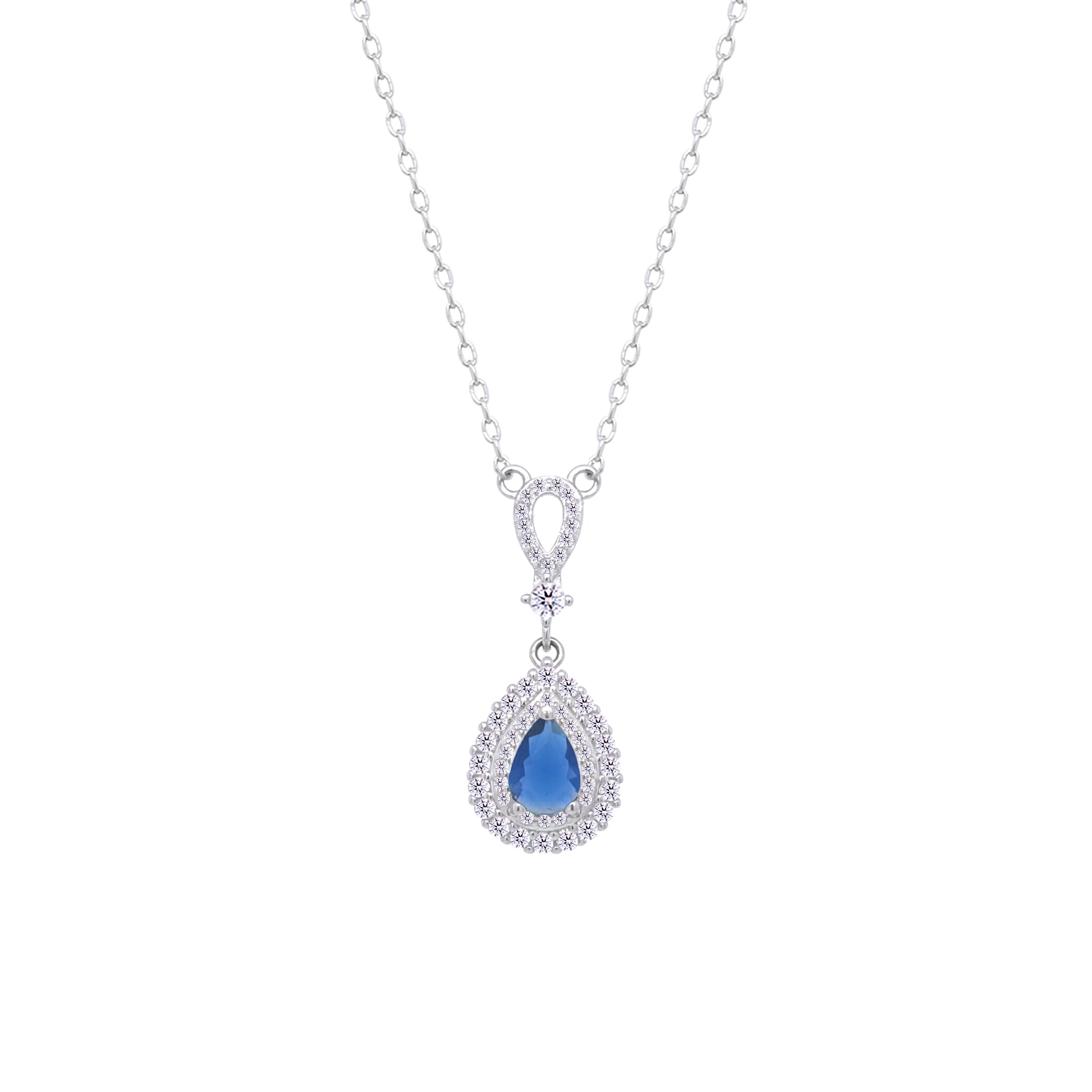 Asfour Crystal Chain Necklace With Decorative Blue Pear Pendant In 925 Sterling Silver-ND0462-B