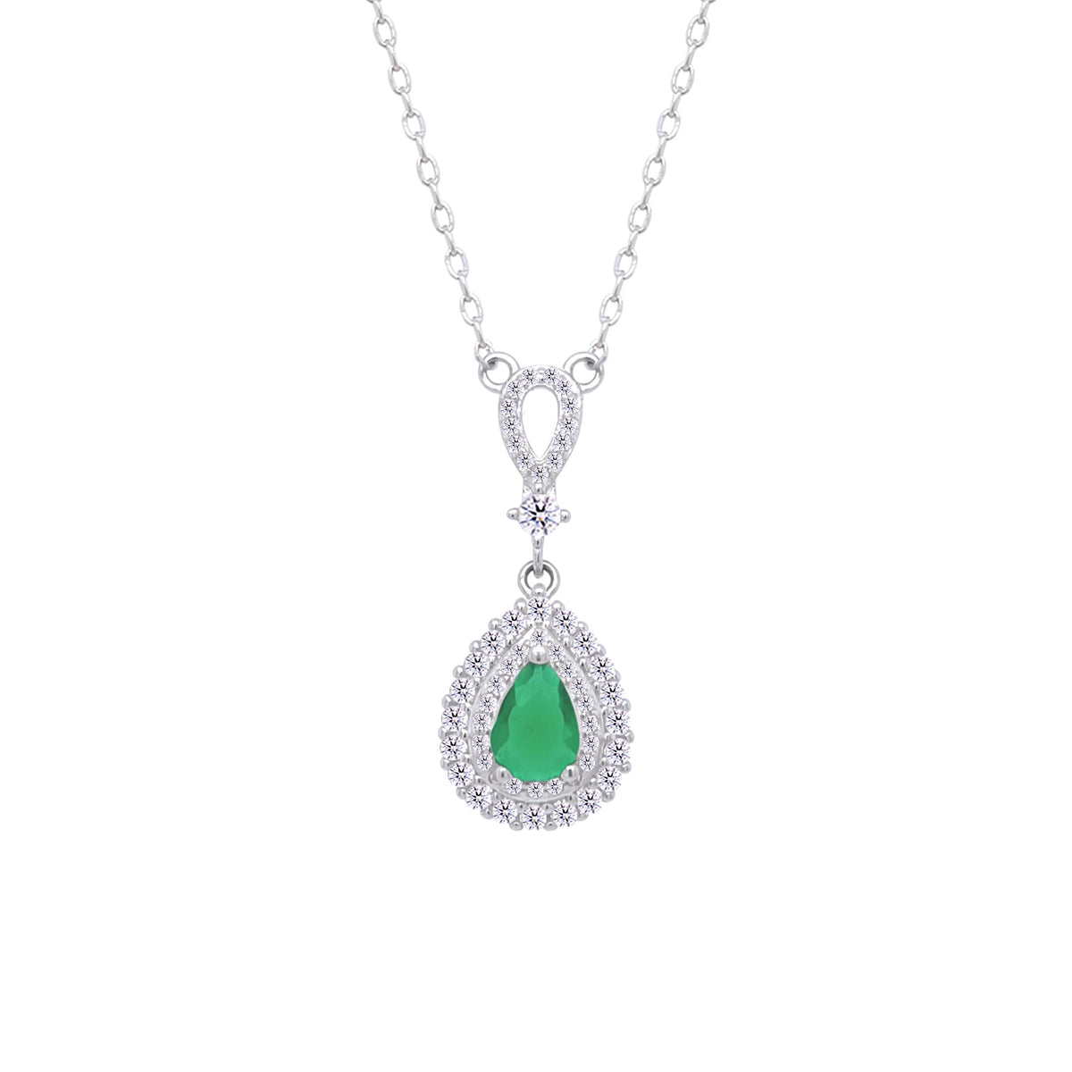 Asfour Crystal Chain Necklace With Decorative Emerald Pear Pendant In 925 Sterling Silver-ND0462-G