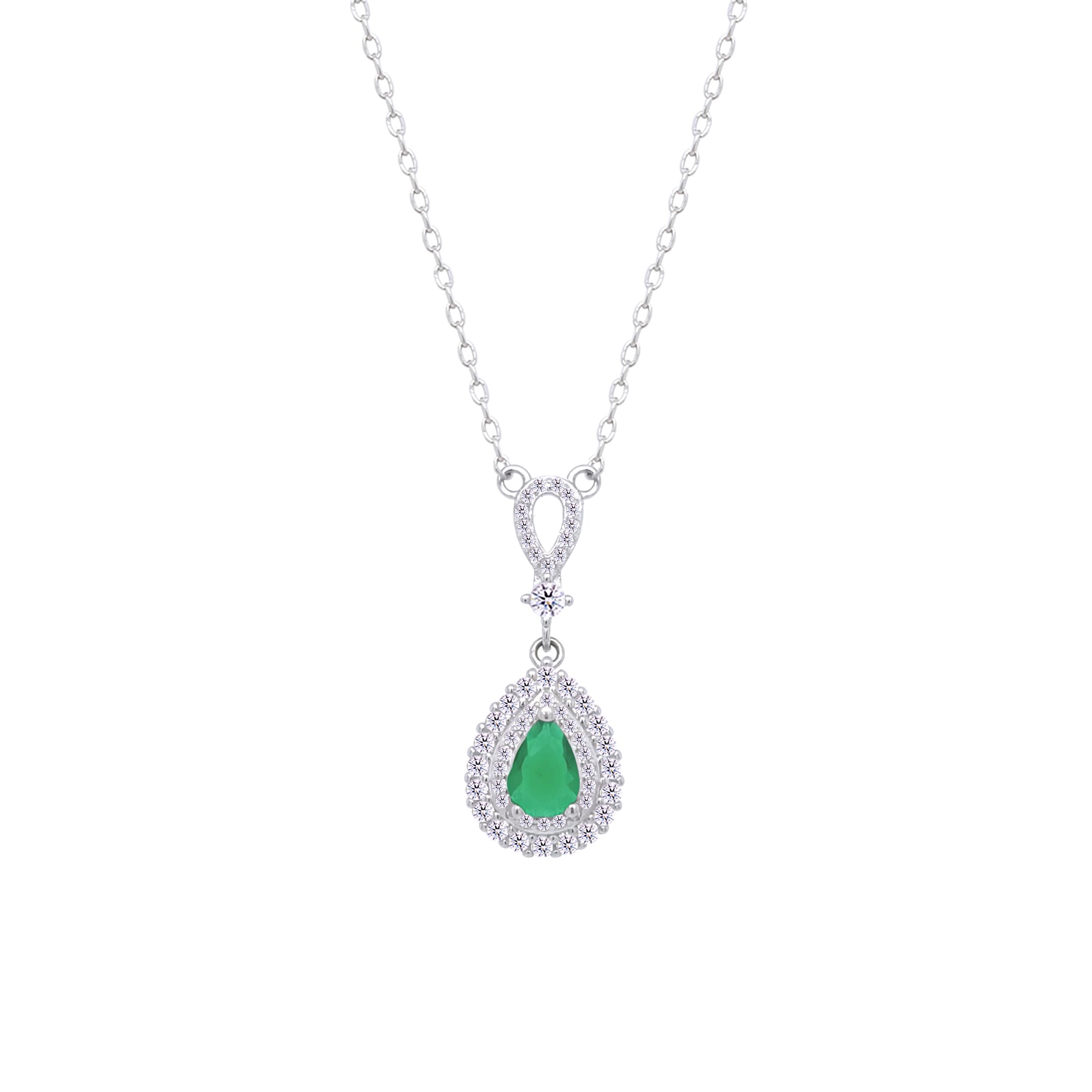 Asfour Crystal Chain Necklace With Decorative Emerald Pear Pendant In 925 Sterling Silver-ND0462-G