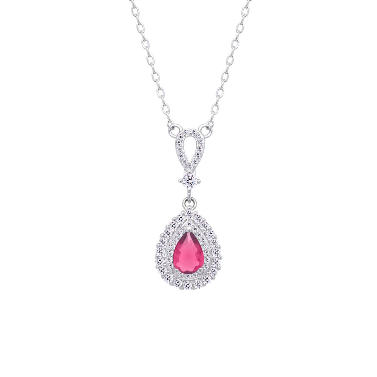Asfour Crystal Chain Necklace With Decorative Dark Rose Pear Pendant In 925 Sterling Silver-ND0462-WO5