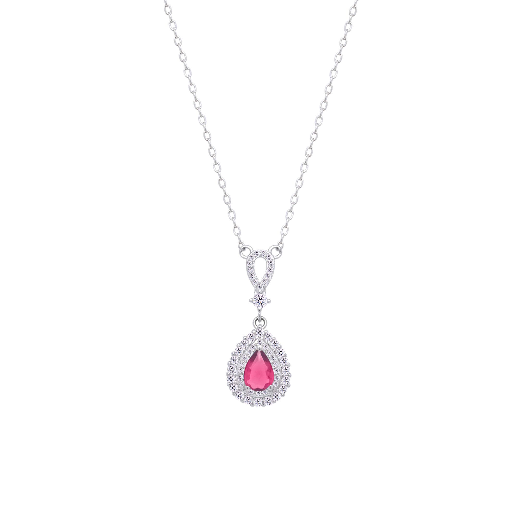 Asfour Crystal Chain Necklace With Decorative Dark Rose Pear Pendant In 925 Sterling Silver-ND0462-WO5