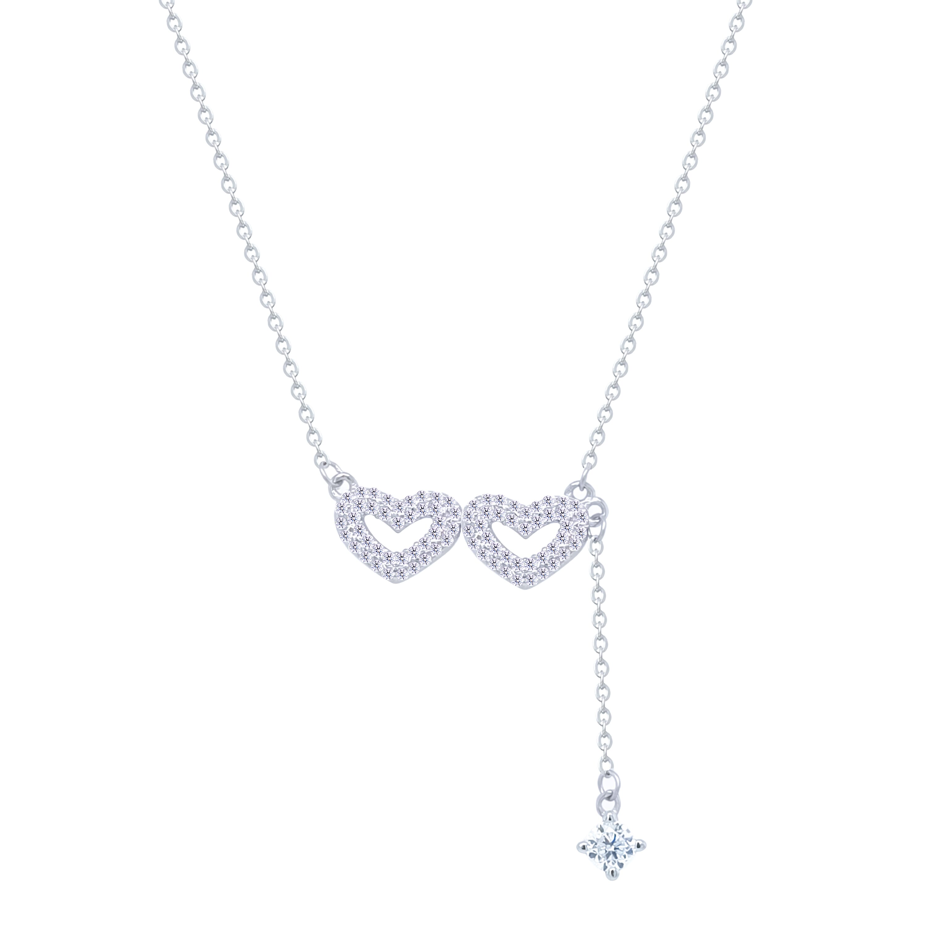 Asfour Crystal Chain Necklace With Hearts Pendant In 925 Sterling Silver-ND0529