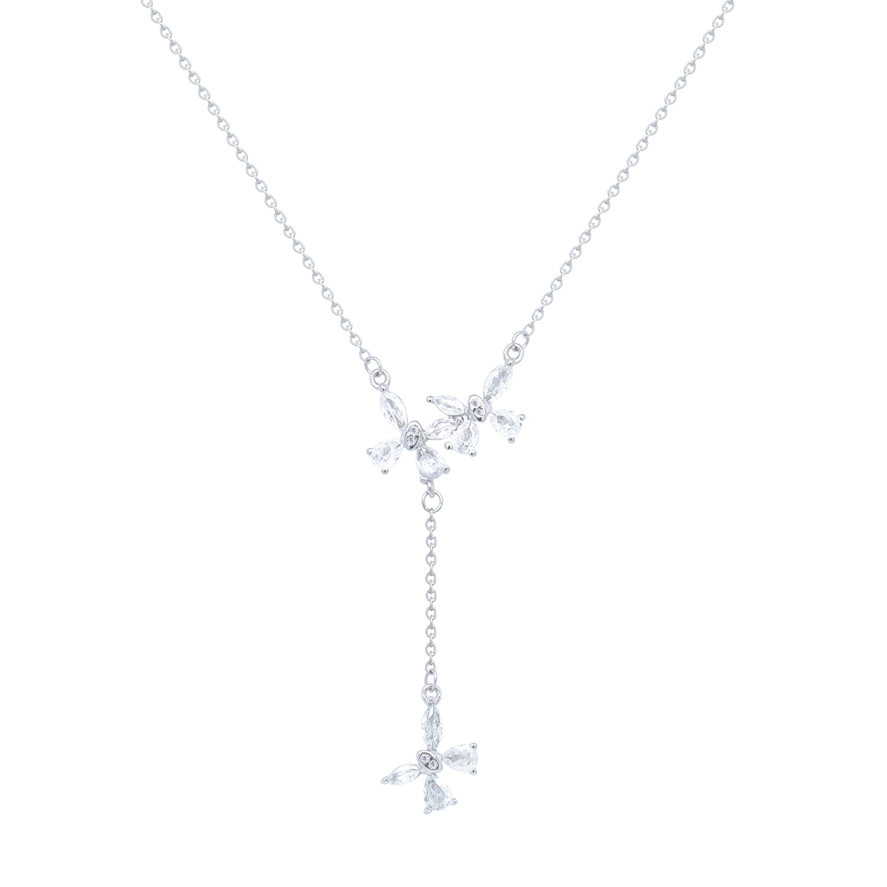 Asfour Crystal Drop Chain Necklace With Butterfly Design In 925 Sterling Silver-ND0536
