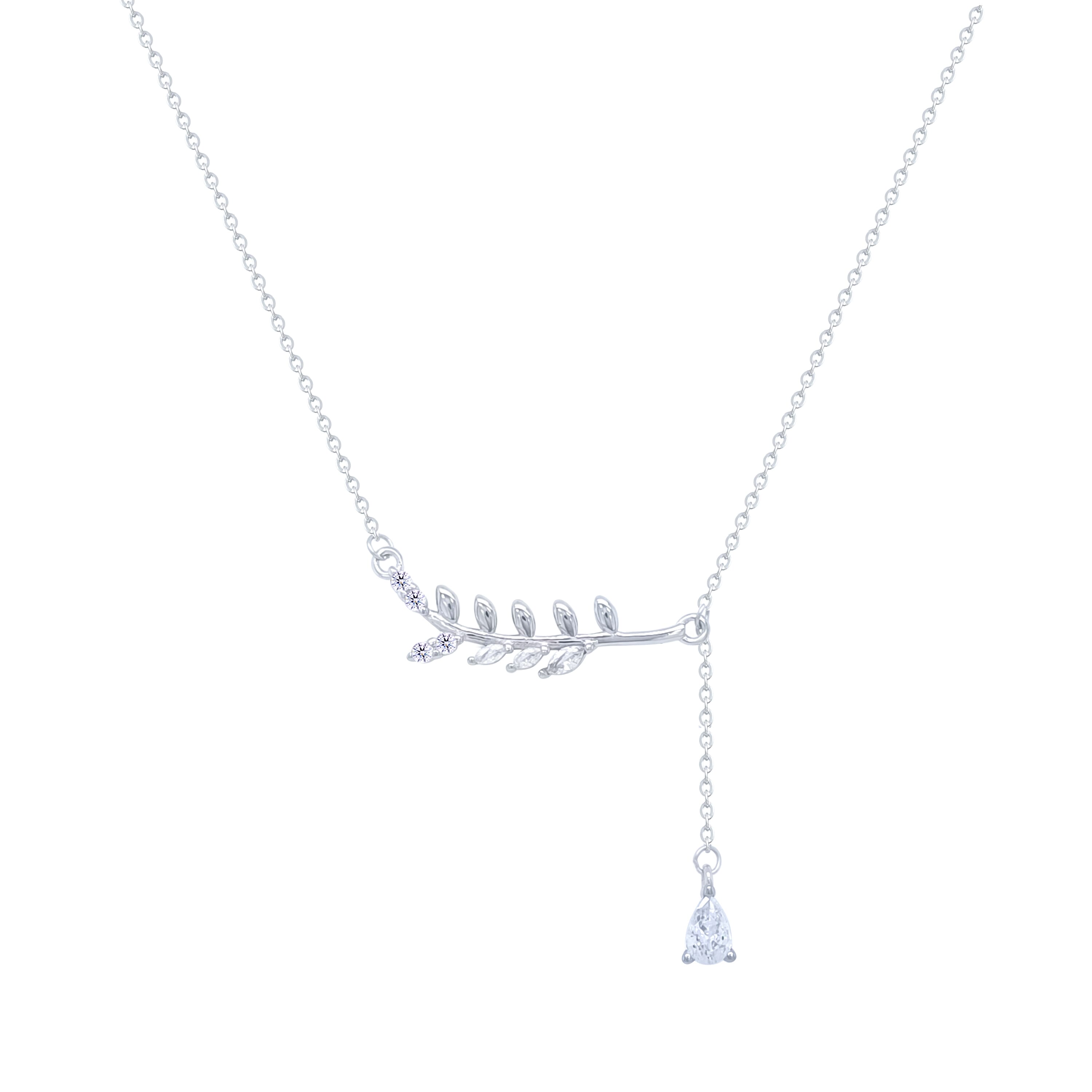 Asfour Crystal Chain Necklace With Leaf Pendant In 925 Sterling Silver-ND0538
