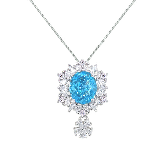 Asfour Crystal Box Chain Necklace With Decorative Aquamarine Oval Pendant In 925 Sterling Silver-ND0565-M