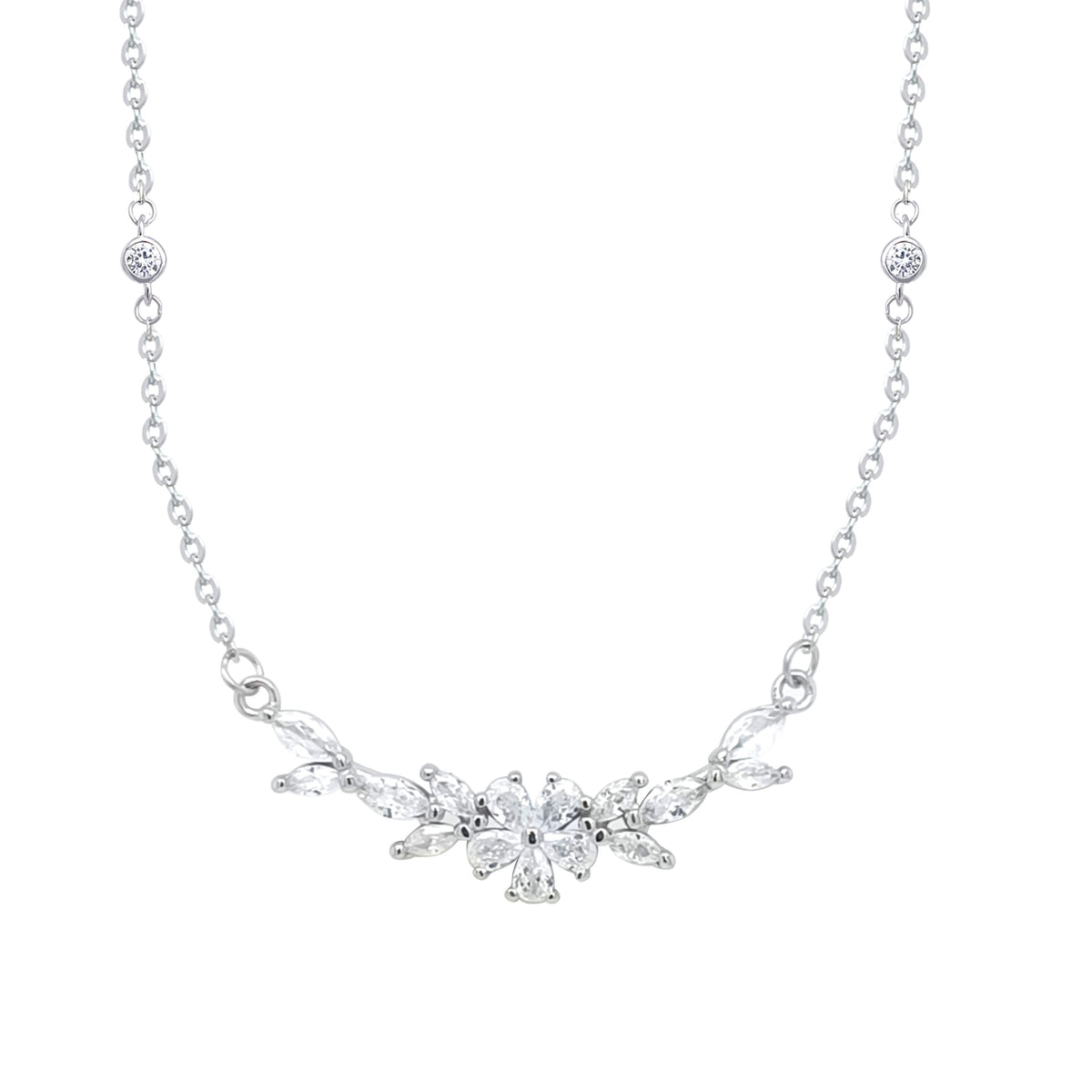 Asfour Crystal Chain Necklace With Flower Design In 925 Sterling Silver-ND0569