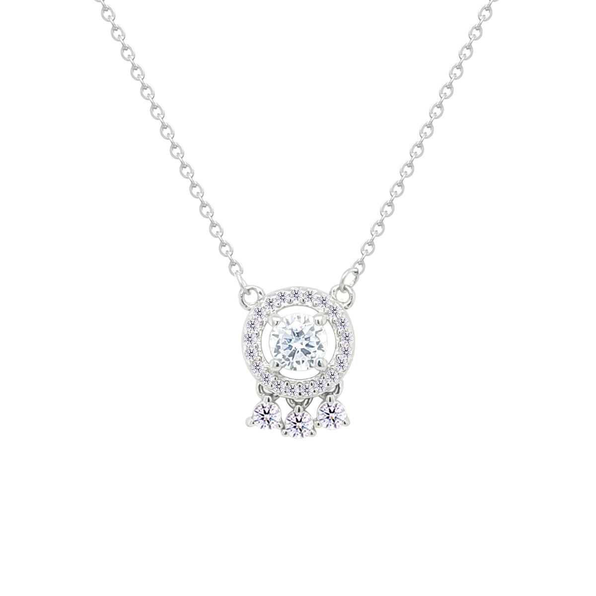 Asfour Crystal Chain Necklace with Halo Round Zircon Pendant Stones In 925 Sterling Silver-ND0574