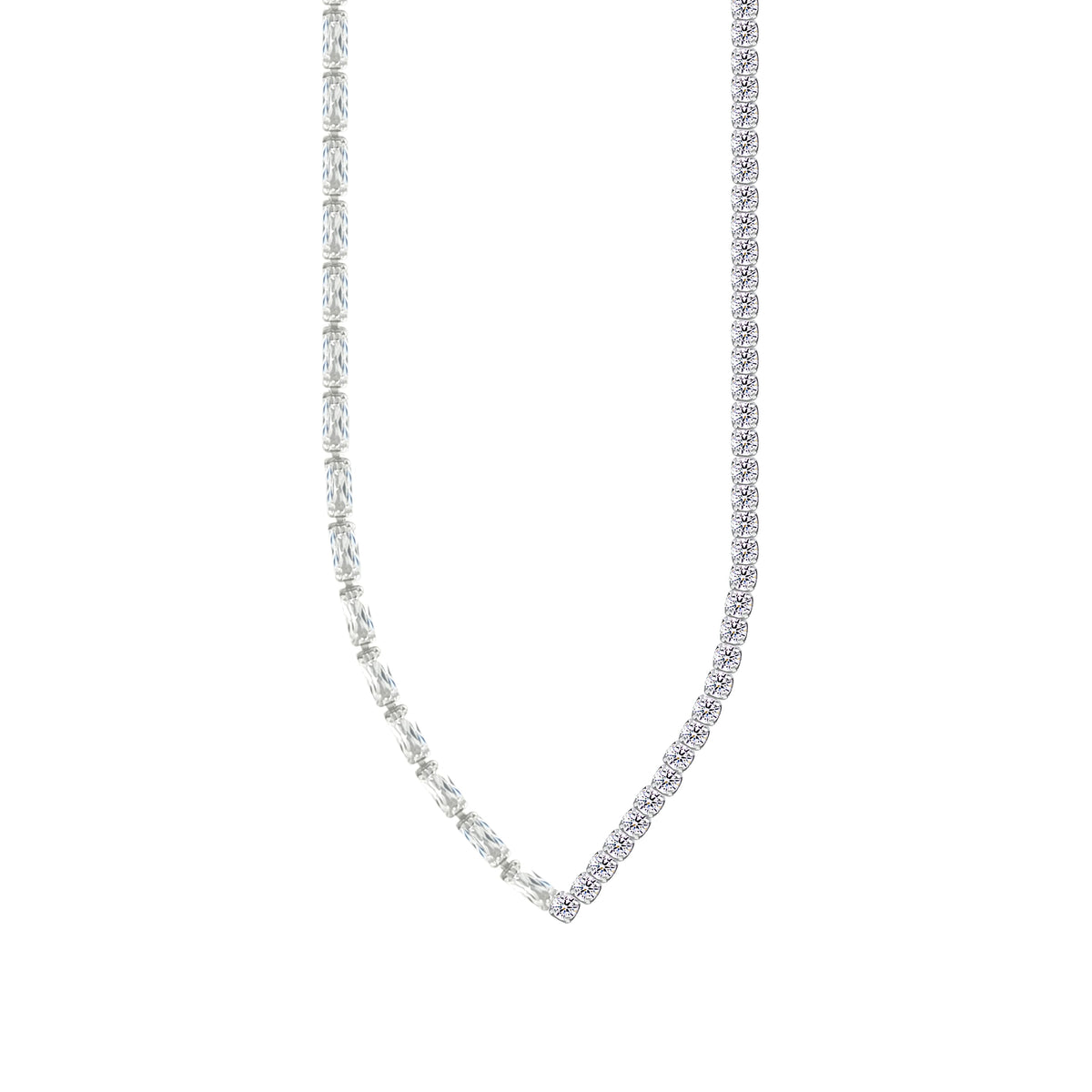Asfour Crystal Tennis Necklace With Baguette & Round Stones In 925 Sterling Silver-ND0576