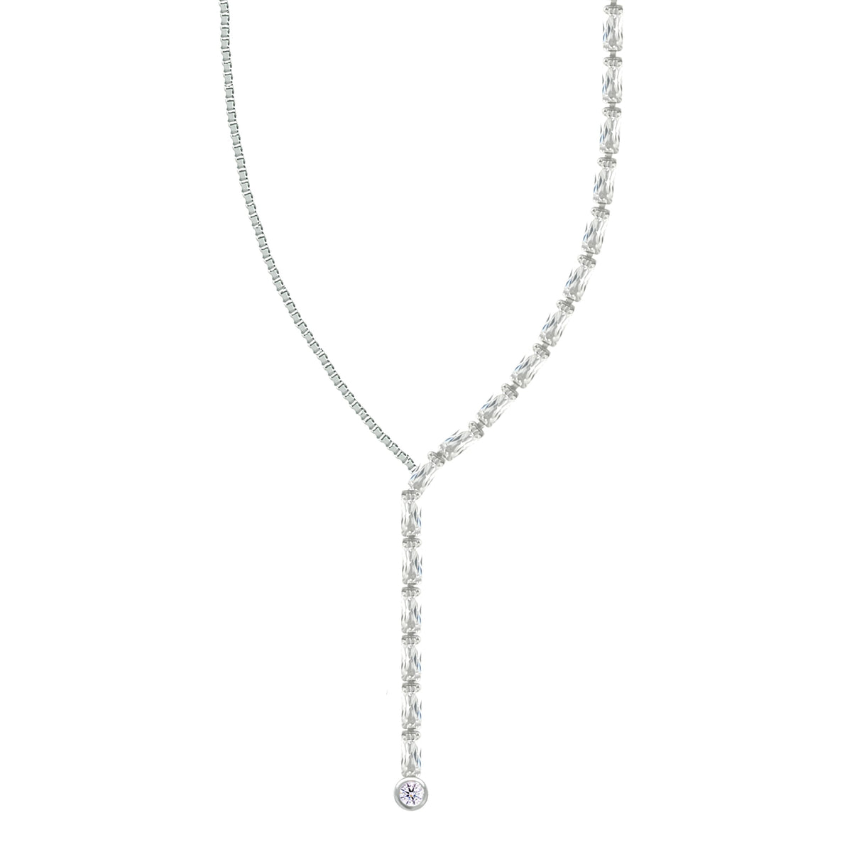 Asfour Crystal Tennis Necklace With Y Design Inlaid With Baguette Zircon In 925 Sterling Silver-ND0577