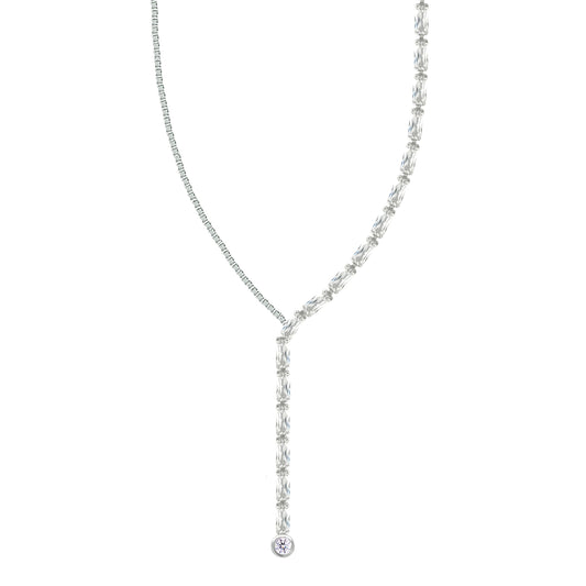 Asfour Crystal Tennis Necklace With Y Design Inlaid With Baguette Zircon In 925 Sterling Silver-ND0577