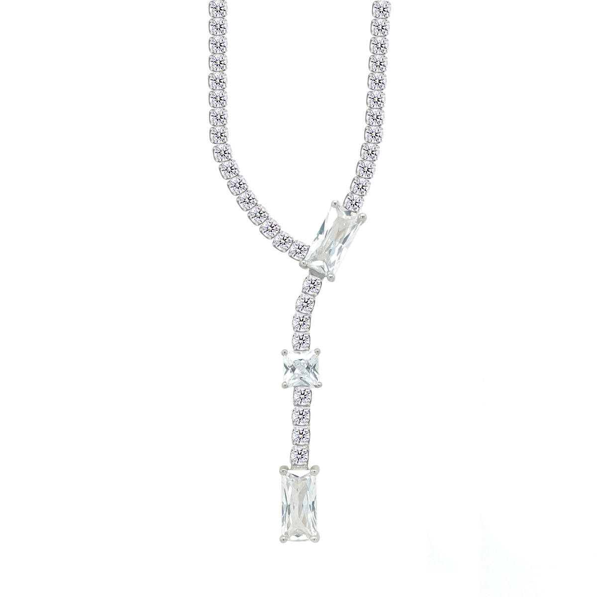 Asfour Crystal Tennis Necklace With Round & Emerald Stones In 925 Sterling Silver-ND0583
