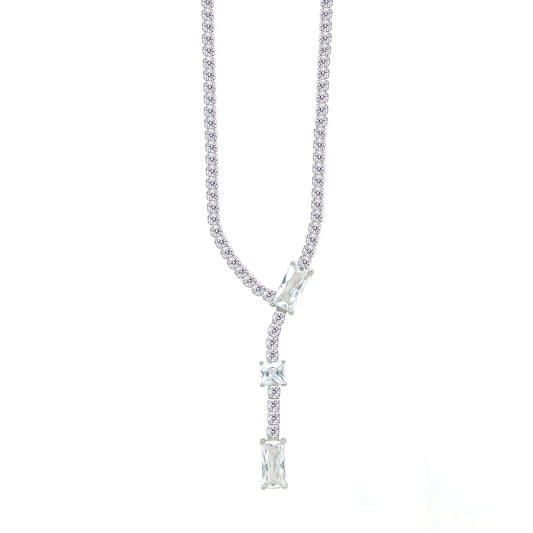 Asfour Crystal Tennis Necklace With Round & Emerald Stones In 925 Sterling Silver-ND0583