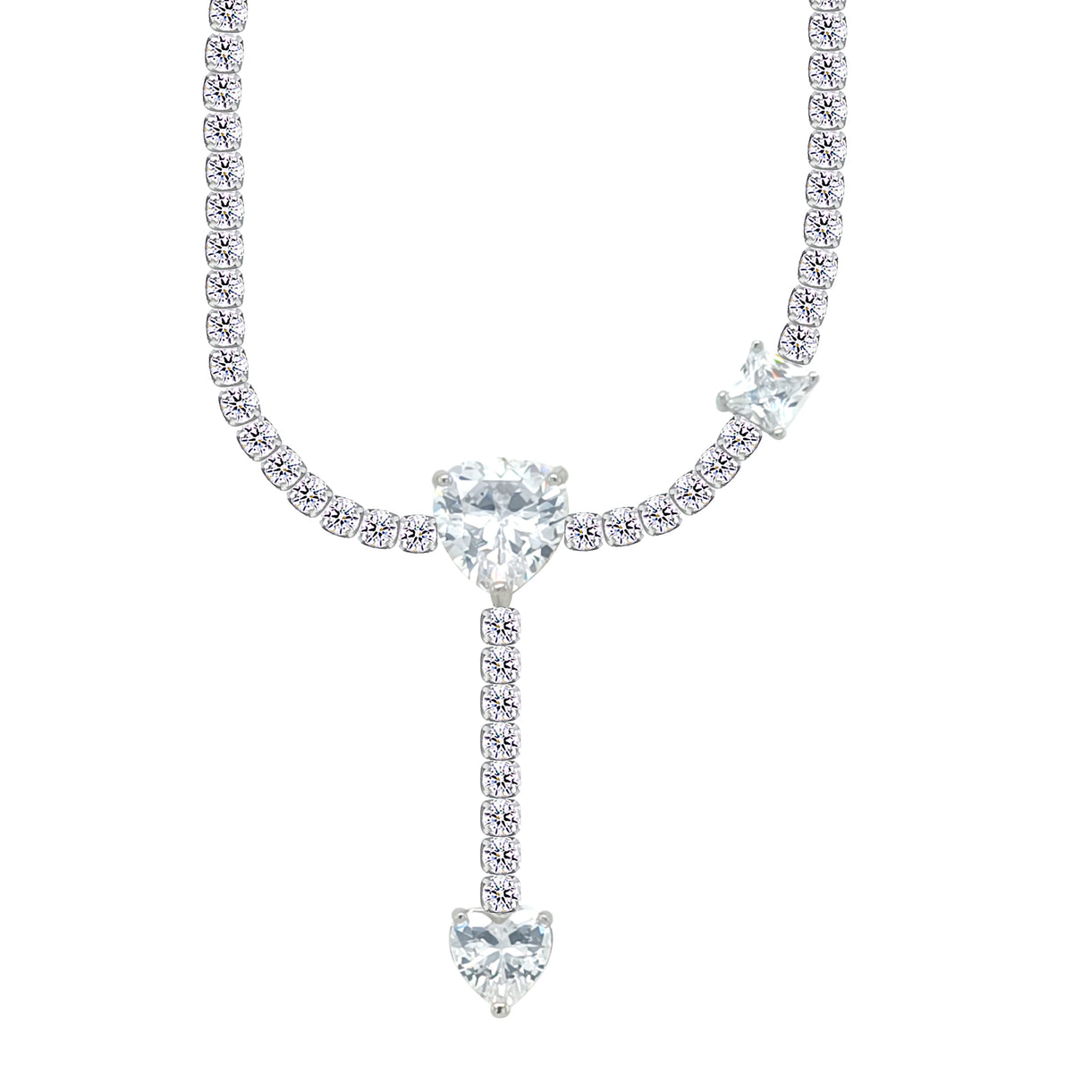 Asfour Crystal Tennis Necklace With Heart Design In 925 Sterling Silver-ND0584