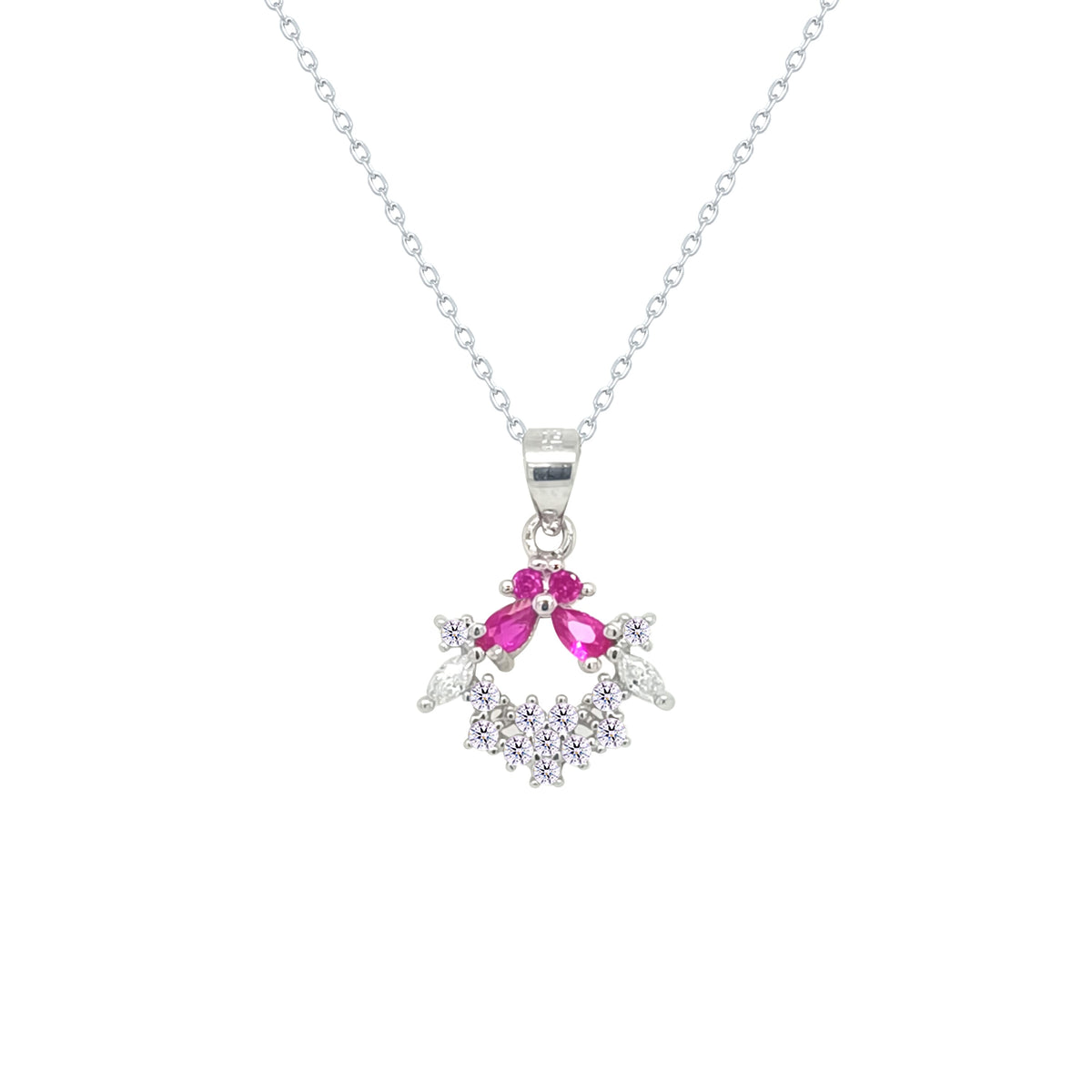 Asfour Crystal Chain Necklace With Fuchsia Decorative Design In 925 Sterling Silver-ND0588-WF
