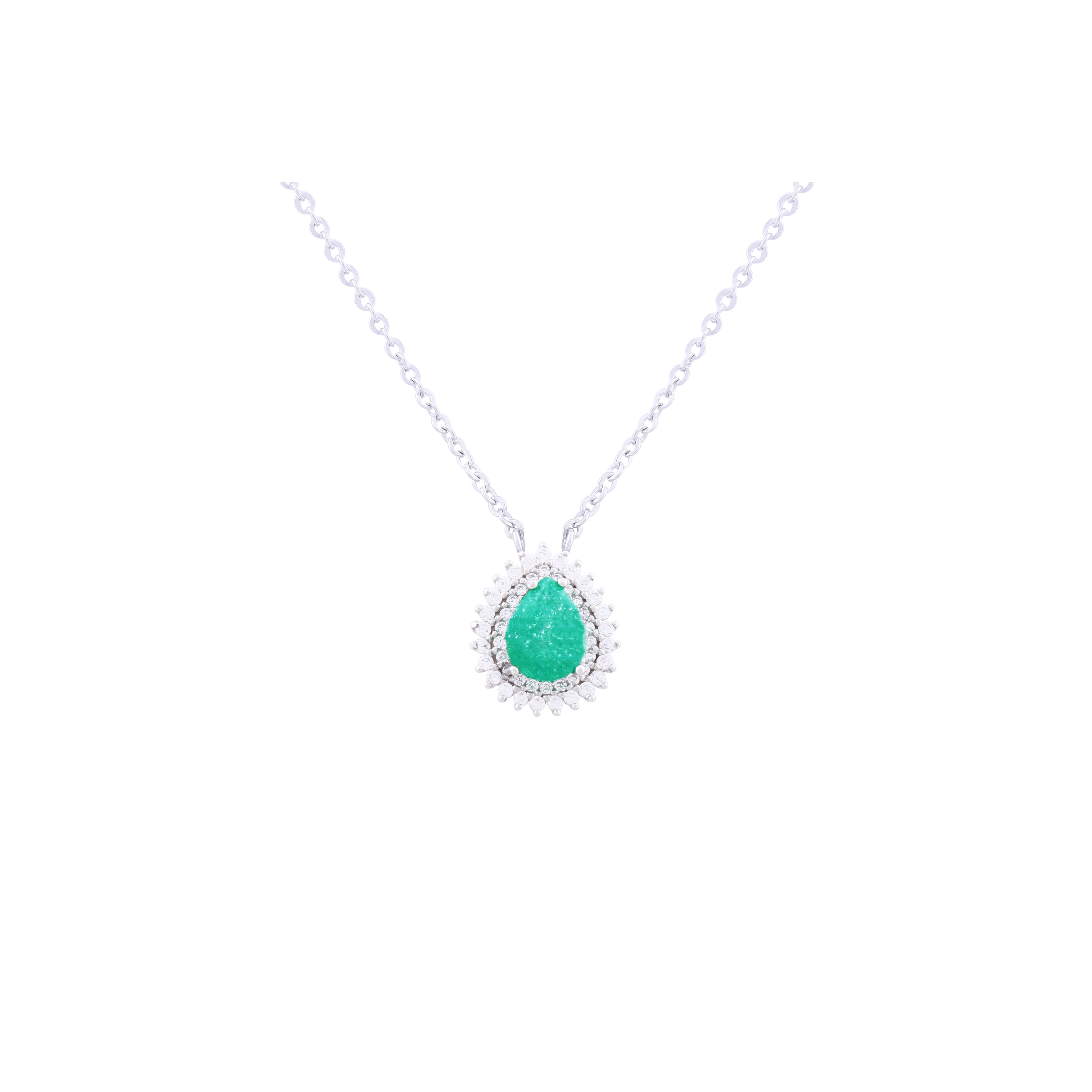 Asfour Crystal 925 Sterling Silver Chain Necklace With Green Stone