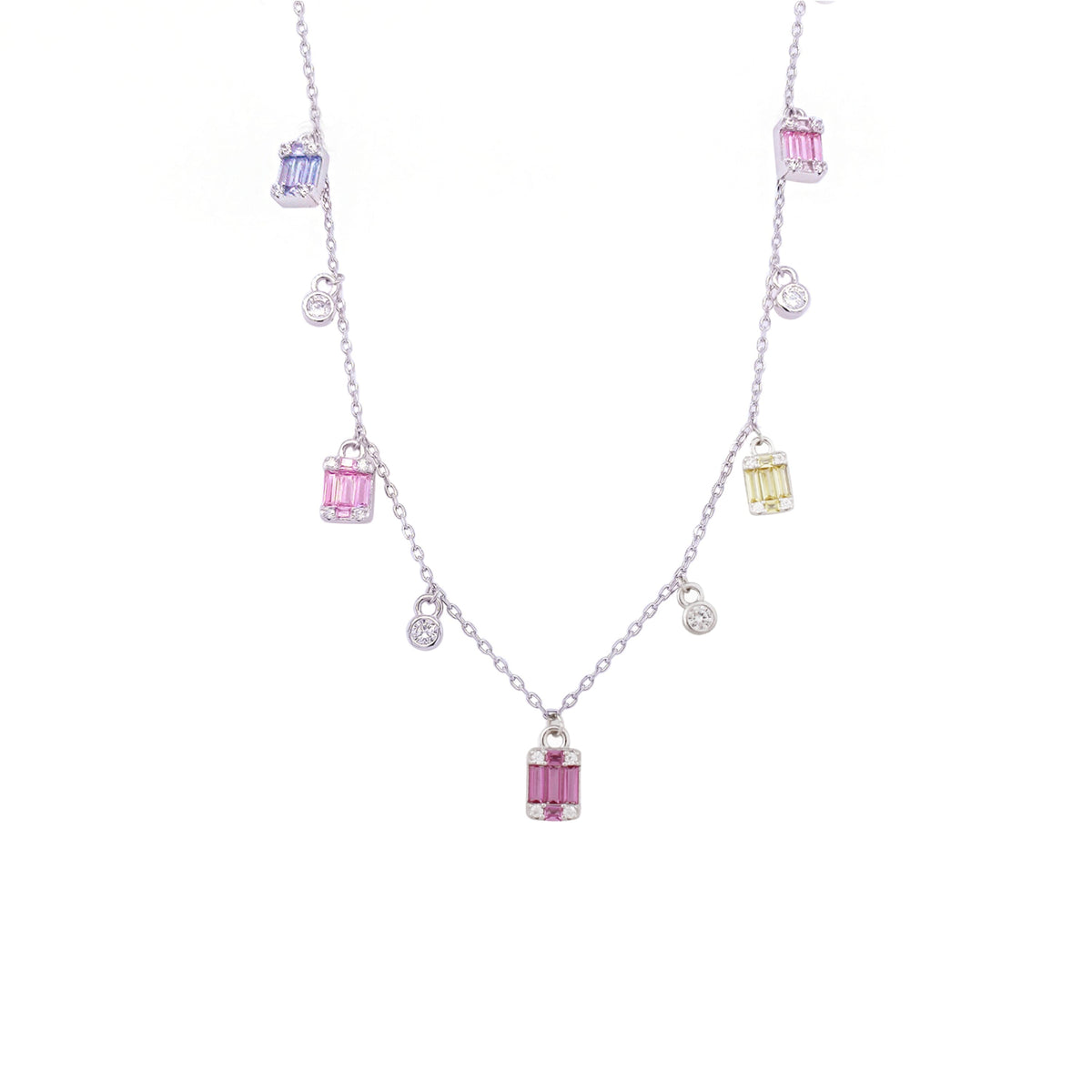 AsfourCharm NecKlace In 925 Sterling Silver Stone Zircon Round And Rectangle