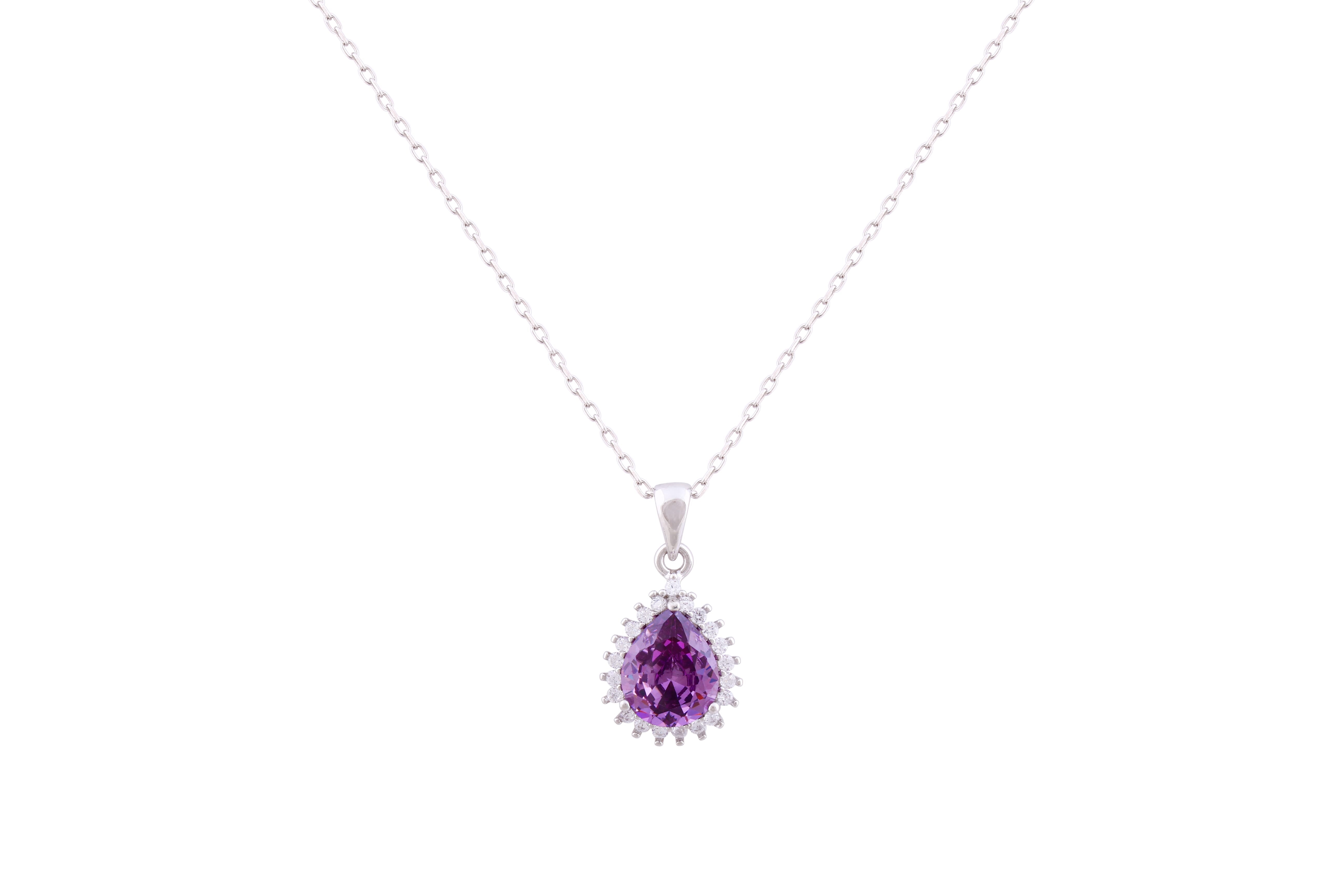 Asfour Crystal Chain Necklace With Tenzanite Pear Zircon Pendant In 925 Sterling Silver-NM0021-N