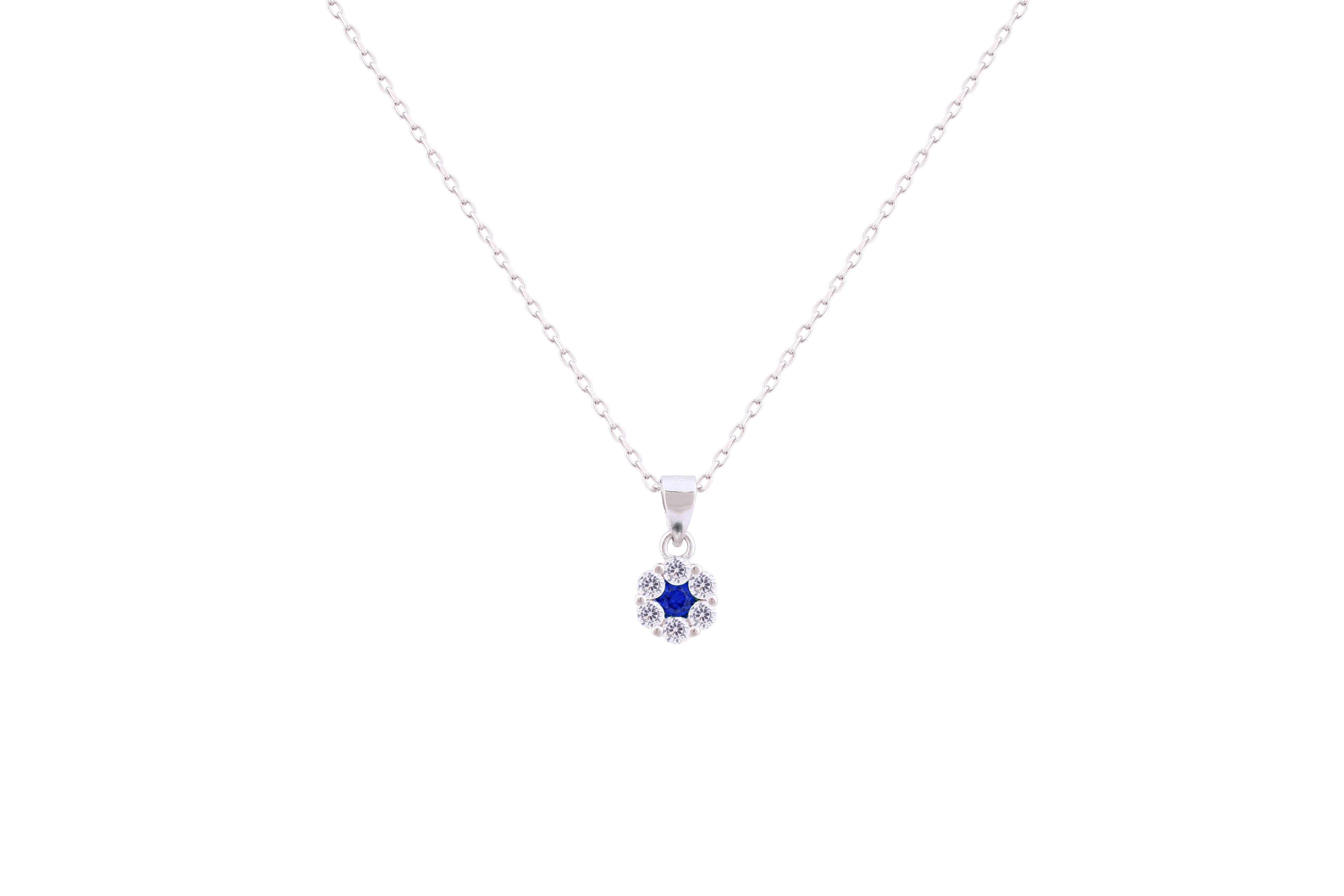 Asfour Crystal Chain Necklace With Blue Flower Pendant In 925 Sterling Silver-NM0022-WB